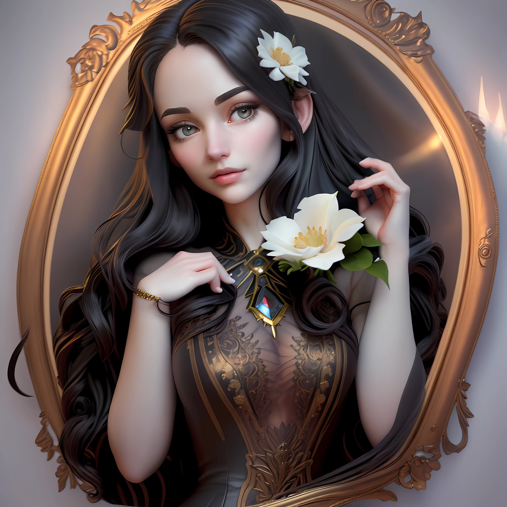 portrait of a gorgeous young woman, in her 20s, elegant and charming, long black wavy hair, pale skin, beautiful eyes, perfectly detailed face, detailed eyes, beautiful nose, wonderful face, beautiful body, upper body, wearing elegant dress, flower frame, matte colors, intricate, intricate details, highly detailed hands, best quality, highly detailed, extremely sharp, ultra definition, 12k, nikon, cinematic light, UHD, trending on artstation