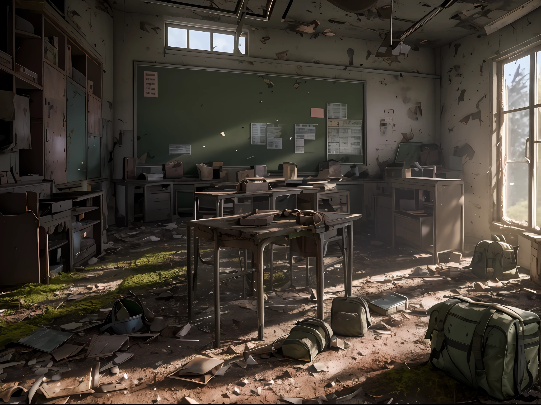 3d render of classroom, abandoned, dramatic color grade, moss, abandoned, broken, old, accurate color grading, rvb, Sony A7 III, Sigma Art 85 mm f/1,4 DG HSM, perfect, subsurface scattering, unreal engine, dusty sun light, dystopian world