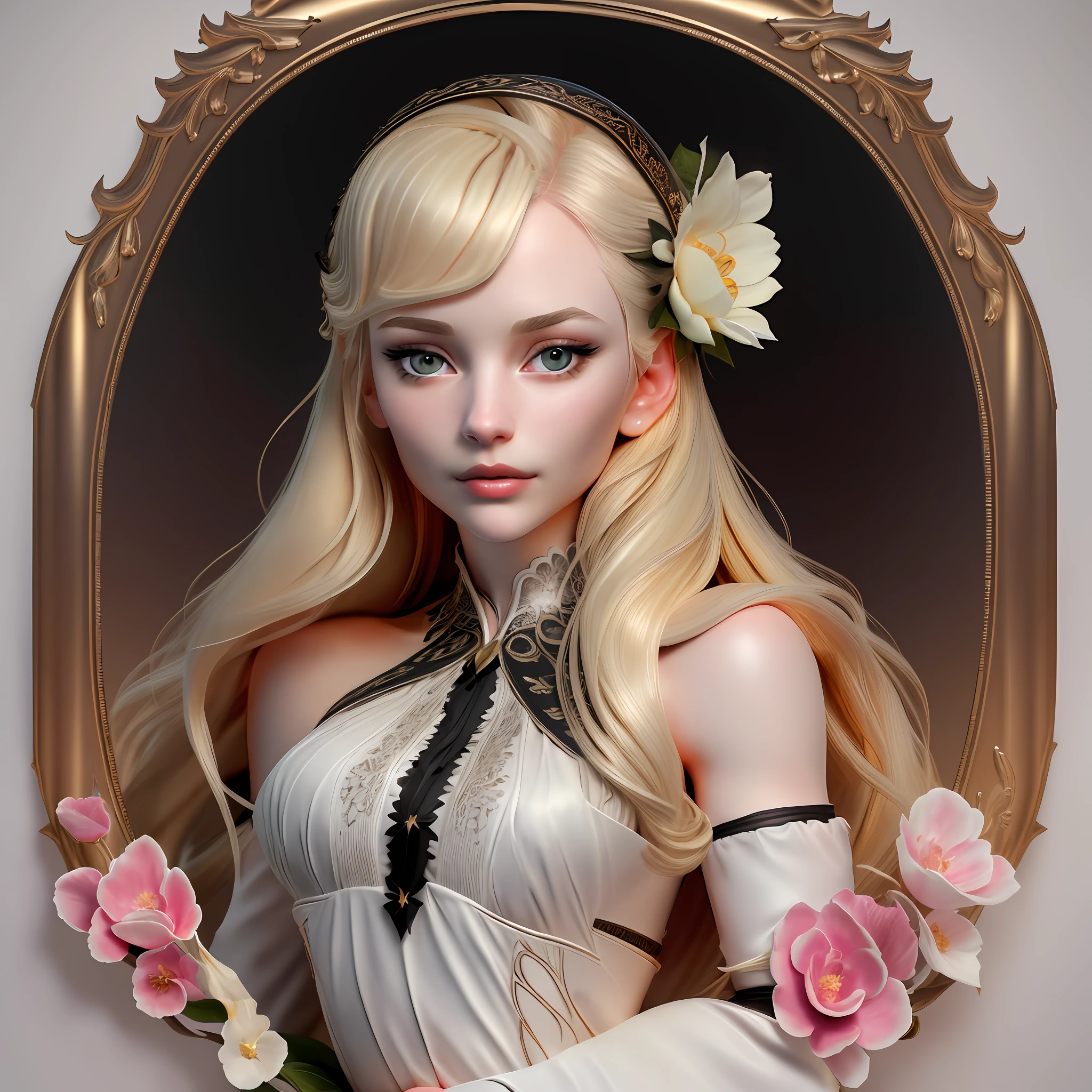 portrait of a gorgeous young woman, in her 20s, elegant and charming, long blonde hair, pale skin, beautiful eyes, perfectly detailed face, detailed eyes, pretty nose, gorgeous face, nice body, upper body, wearing a elegant dress, flower frame, matte colors, intricate, intricate details, black minimalist background, detailed hands, best quality, highly detailed, extremely sharp, ultra definition, 12k, nikon, realistic details, cinematic light, UHD, trending on artstation