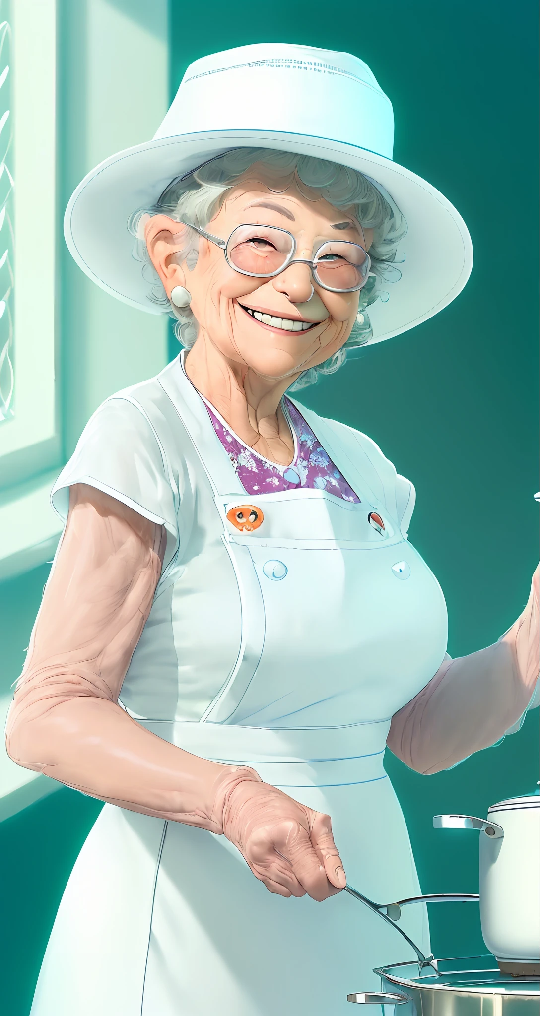 ((best quality)), (detailed), (high resolution and sharpness:1.4), (cute grandma smiling in white cook outfit and hat:1.8), (latin woman face:1.5), , (close-up: 1.4), (centered:1.5), (against dark background:1.3), (looking into camera lens:1.4), (bright eyes:1.3), (window lighting:1.4), (perfect studio lighting:1 ,3), (sharp focus:1.4), (high resolution photography:1.2), ultra detailed, highly detailed, (high definition:1.2), (perfect composition:1.2), intricate, (cute and beautiful:1.3), award-winning photography, professional color grading, octane, unrealistic, vibrant colors, (in pixar style:1.5)