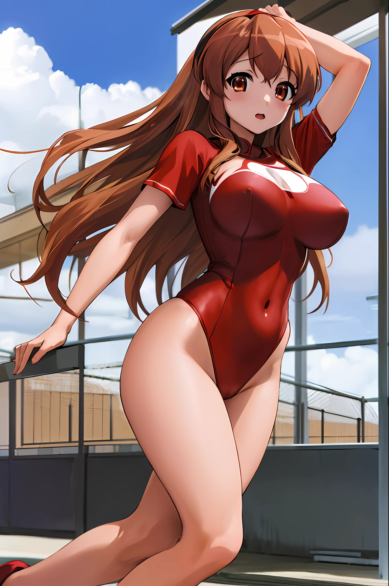 masterpiece, best quality, highres, mikuru1, 1girl, asahina mikuru, long hair, superhero, leotard, bare legs, red ribbon, large breasts, solo