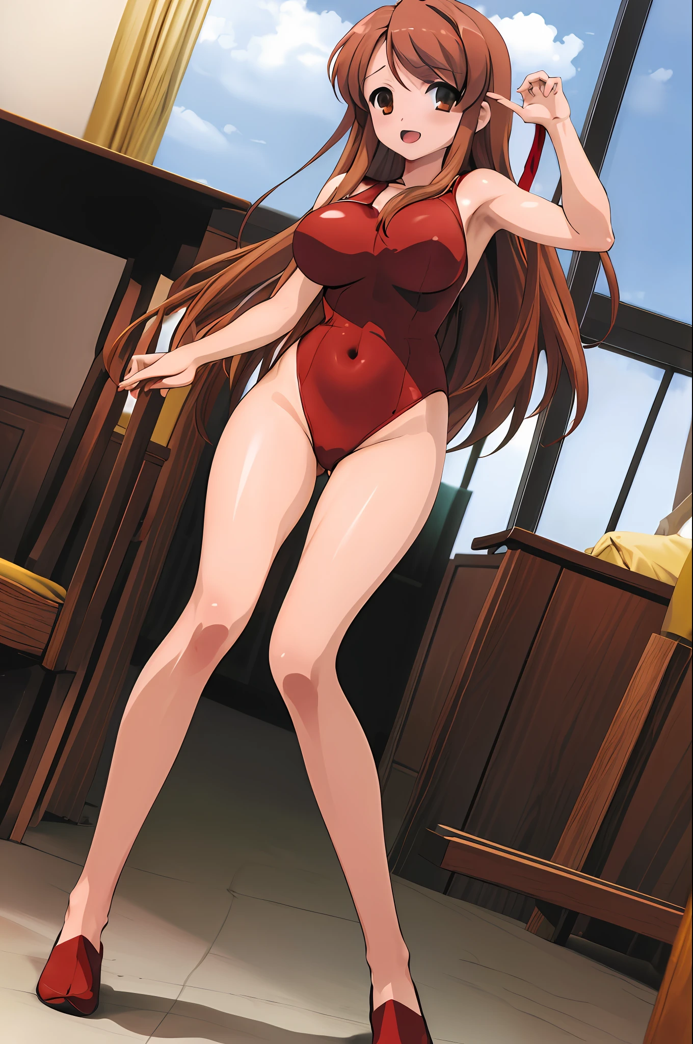 masterpiece, best quality, highres, mikuru1, 1girl, asahina mikuru, long hair, superhero, leotard, bare legs, red ribbon, large breasts, solo