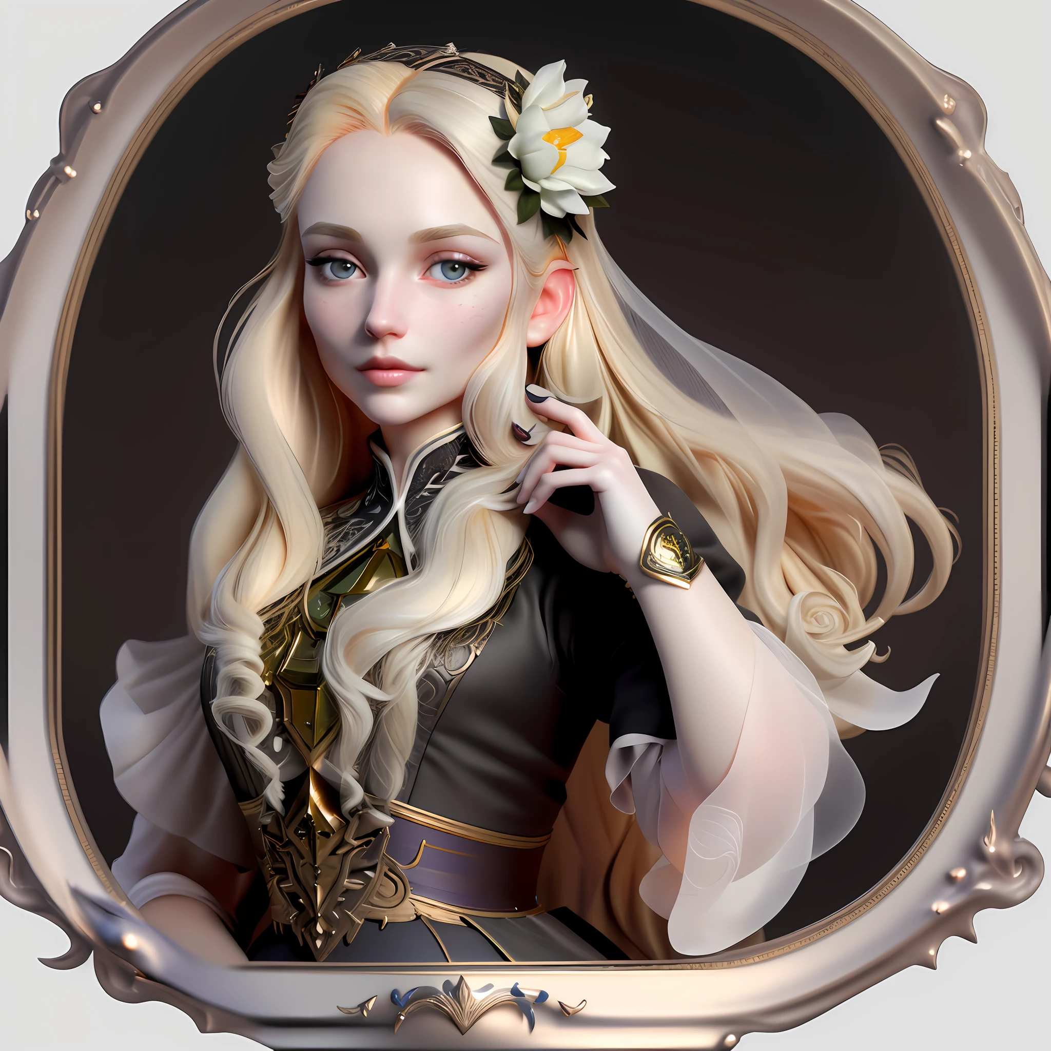 portrait of a wonderful woman, elegant and charming, long blonde hair, pale skin, eyes in vibrant colors, perfectly detailed face, detailed eyes, beautiful nose, wonderful face, beautiful body, upper body, flower frame, matte colors, intricate, intricate details, black minimalist background, highly detailed hands, best quality, highly detailed, extremely sharp, ultra definition, 12k, nikon, realistic details, cinematic light, UHD, trending on artstation