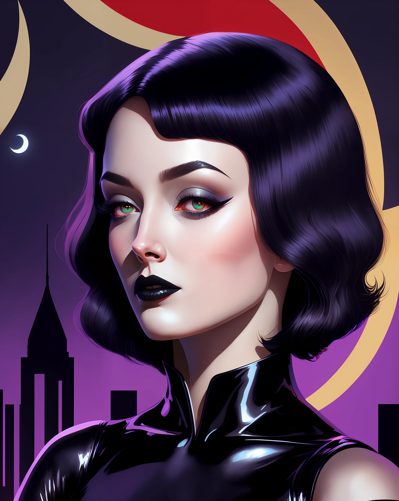 a close up of a woman in a black latex outfit, bagshaw art style, portrait of raven, full color digital illustration, artstyle tom bagshaw, pulp character portrait, stunning digital illustration, artstyle : ilya kuvshinov, in style of digital illustration, tom bagshaw style, inspired by Art Frahm, stylized digital illustration