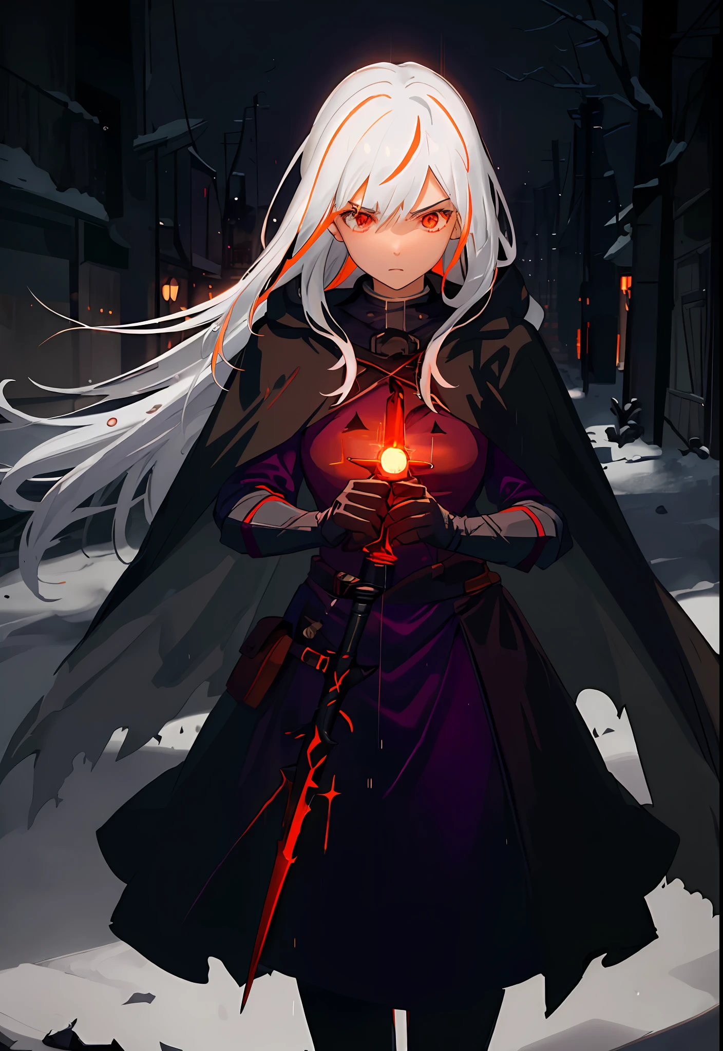 (Super detail: 1.3), (Graininess: 0.8), (2 girls) The girls are close to nature, expressing their trust, Natural light, Detailed medieval city, (Rain: 1.3) , (dark: 1.3), (fog: 1.2), red light, orange light, blue light, and luminescence from the girl&#39;s left breast, hooded cloak, light logo, [swordsman&#39;s clothes: torn fabric: 0.32], Red light, orange light, menacing, sharp, (points weapon at viewer: 1.2), white hair, fire, and right half of girl, hood with cape, light logo, [magician&#39;s clothes: torn fabric :0.32], blue light, purple light, menacing, sharp, (directs magic attacks at the viewer: 1.2), black hair, ice, (colorful: 0.75)