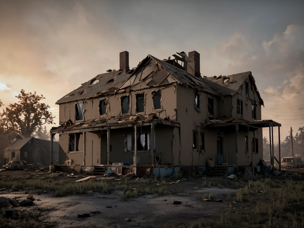 3d render of exterior home, abandoned, dramatic color grade, moss, abandoned, broken, old, accurate color grading, rvb, Sony A7 III, Sigma Art 85 mm f/1,4 DG HSM, perfect, subsurface scattering, unreal engine, dusty sun light, dystopian world
