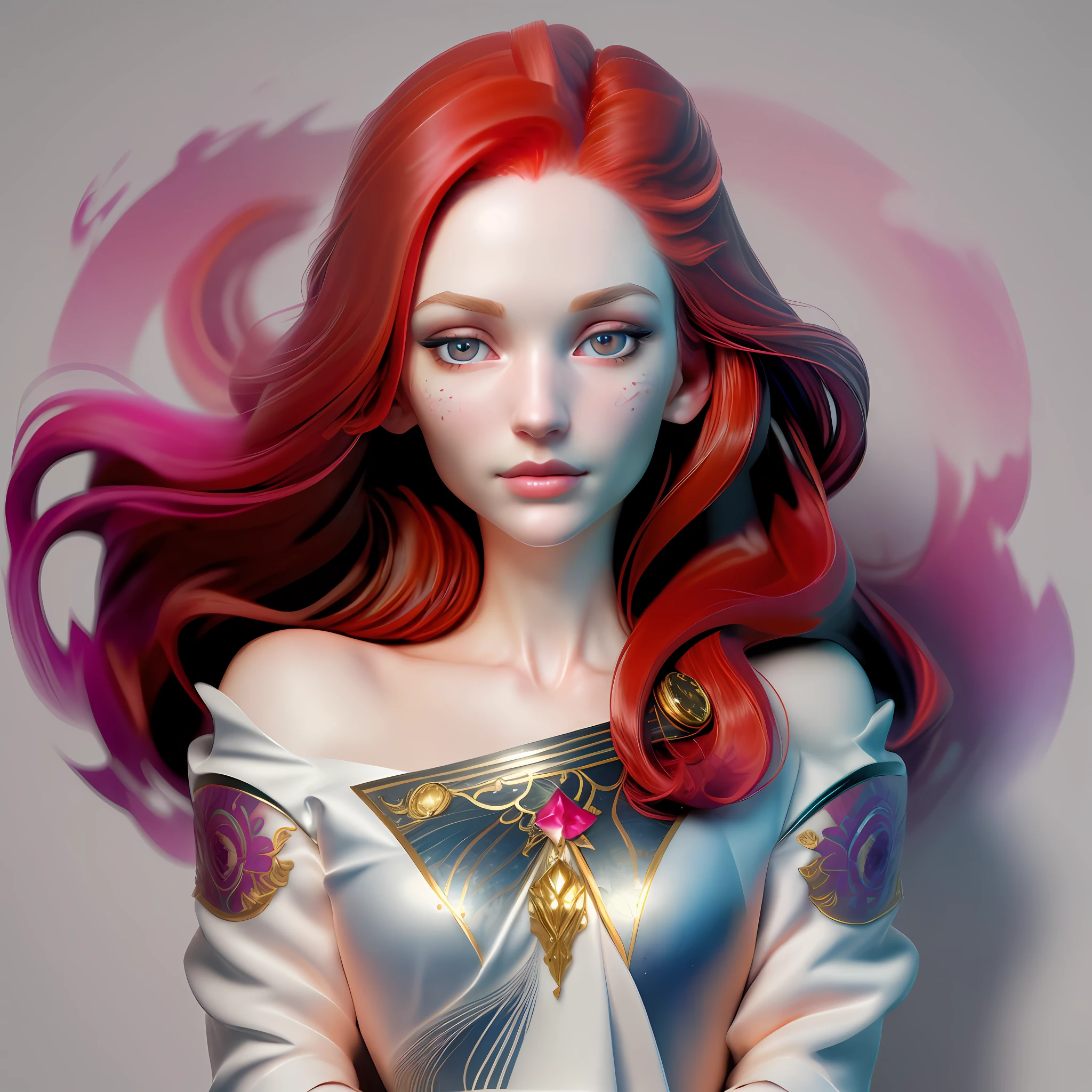 portrait of a wonderful woman, elegant and charming, long red hair, pale skin, eyes in vibrant colors, perfectly detailed face, detailed eyes, beautiful nose, wonderful face, beautiful body, upper body, abstract watercolor shapes, matte colors , intricate, intricate details, straight minimalist background, wallpaper, best quality, highly detailed, extremely sharp, ultra definition, 12k, nikon, realistic details, cinematic light, UHD, golden ratio