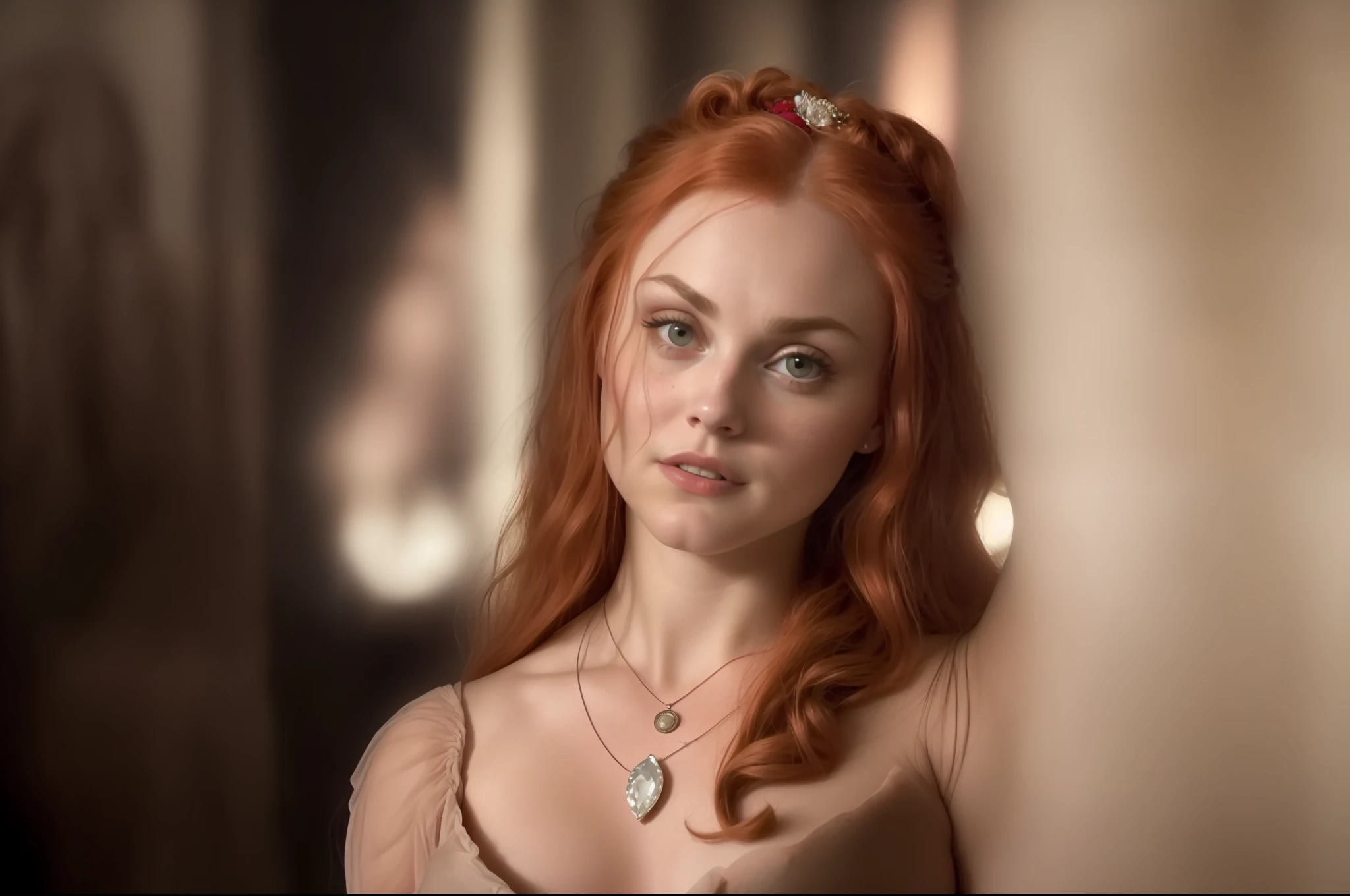 a red-haired woman and a necklace in a bedroom, big boobs, annasophia robb as aphrodite, sansa, sandra, unpublished, portrait of princess merida, by dan luvisi, still tv, portrait of sabrina lloyd, ( (emma lindstrom) ), portrait of Helen of Troy, Esty, The Ivy Goddess looking angry, fantasy style