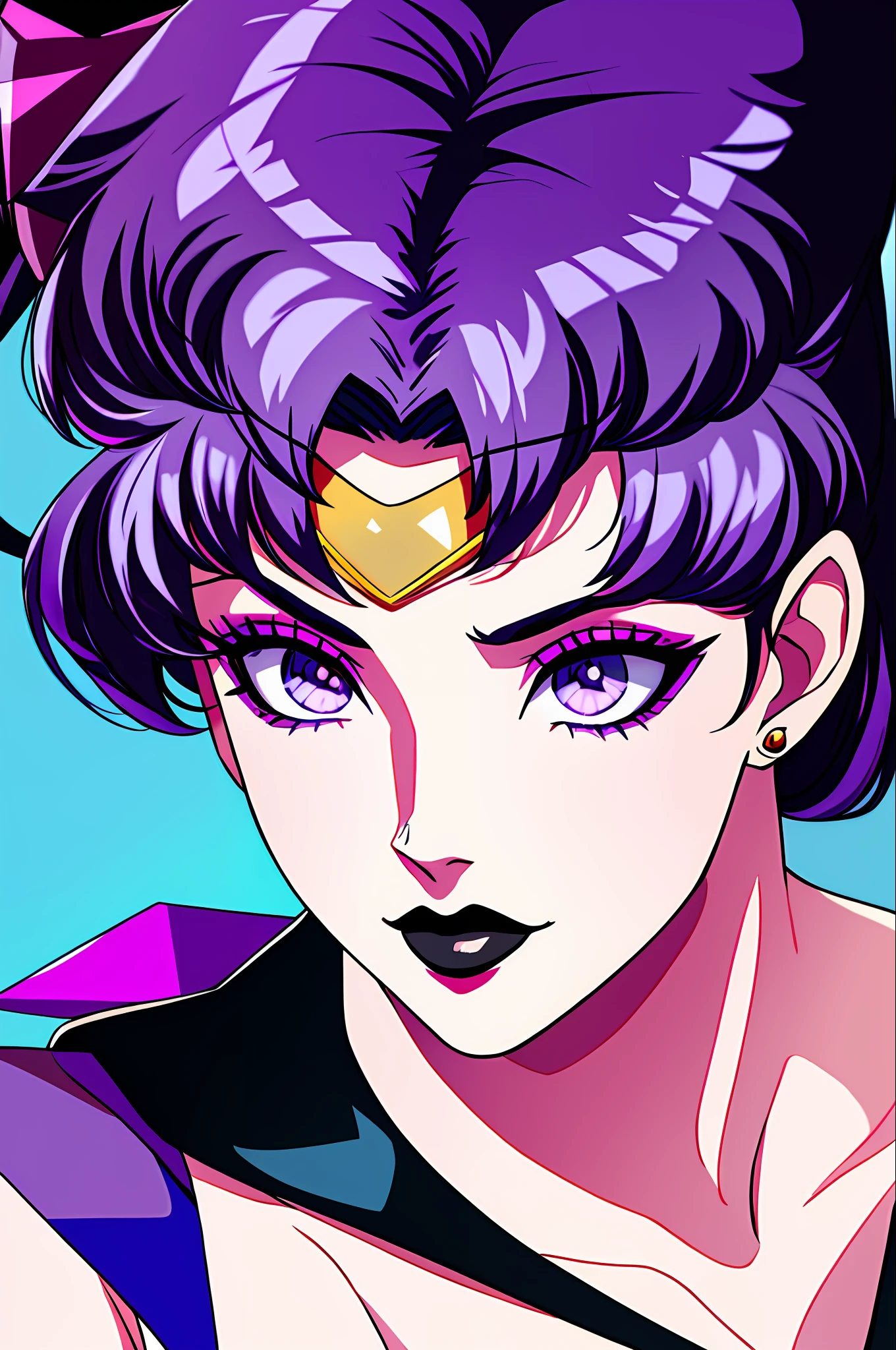 masterpiece, best quality, 1girl, goth, black lips, solo, short purple hair, makeup, Sailor Moon, multicolor hair, black hair, purple hair, white hair, bangs, eyeshadow, cross, headband, bow, lipstick, two-toned hair, face close-up, dusk blue background, diamond-shaped red colored forehead stone