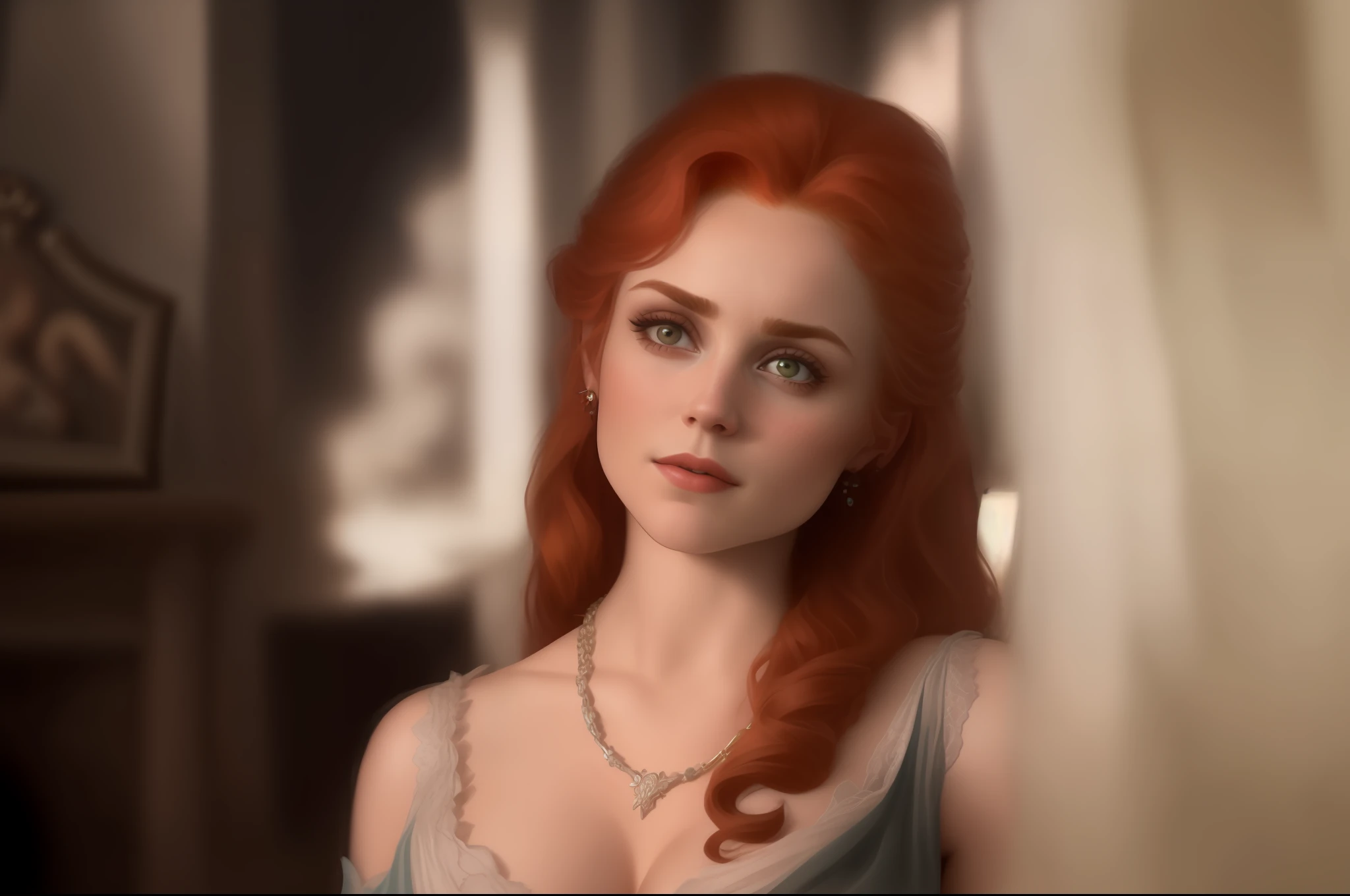 Anna Hutchison a red-haired woman and a necklace in a bedroom, big boobs, annasophia robb as aphrodite, sansa, sandra, unpublished, portrait of princess merida, by dan luvisi, still tv, portrait of sabrina lloyd, ( (emma lindstrom) ), portrait of helen of troy, esty, the goddess ivy looking angry, fantasy style
