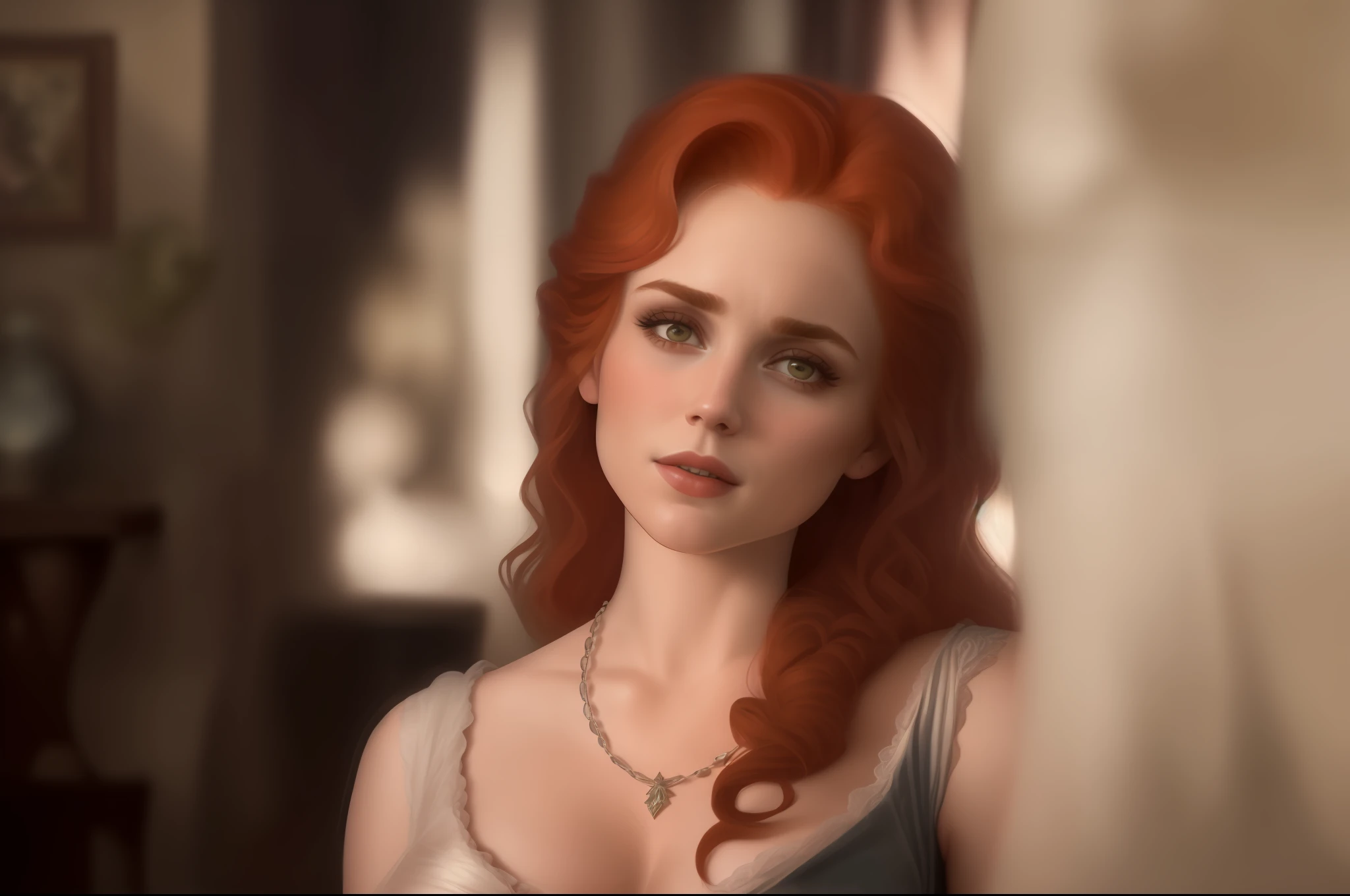 Anna Hutchison a red-haired woman and a necklace in a bedroom, big boobs, annasophia robb as aphrodite, sansa, sandra, unpublished, portrait of princess merida, by dan luvisi, still tv, portrait of sabrina lloyd, ( (emma lindstrom) ), portrait of helen of troy, esty, the goddess ivy looking angry, fantasy style