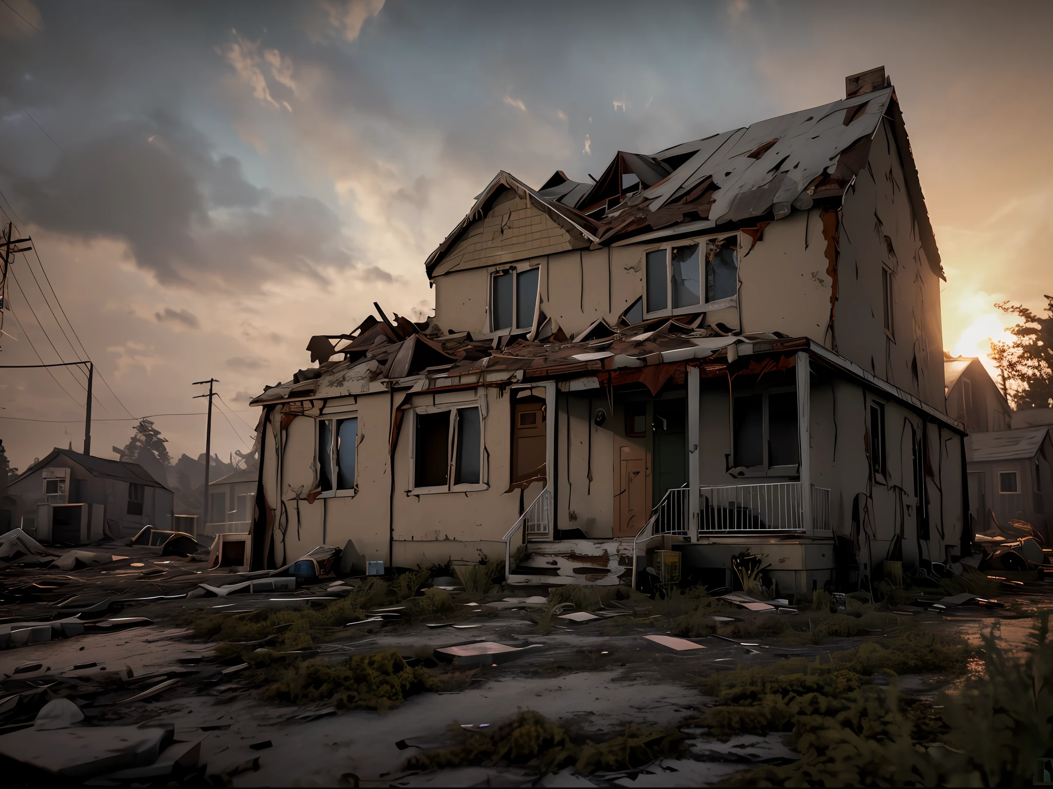 3d render of exterior home, abandoned, dramatic color grade, moss, abandoned, broken, old, accurate color grading, rvb, Sony A7 III, Sigma Art 85 mm f/1,4 DG HSM, perfect, subsurface scattering, unreal engine, dusty sun light, dystopian world