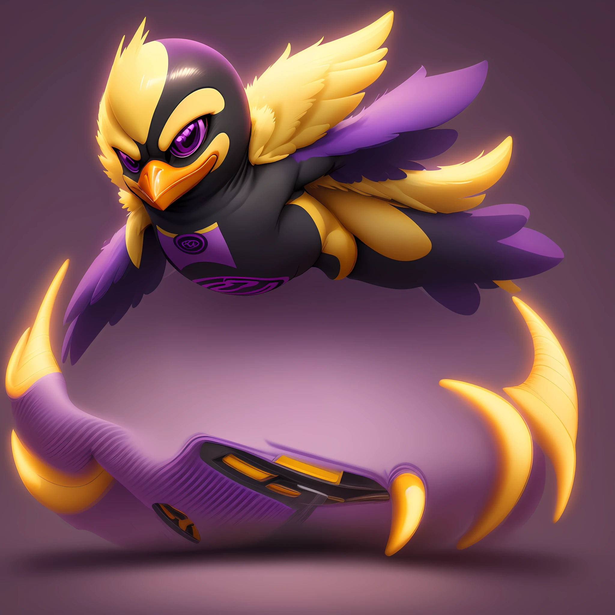 The logo features a vibrant purple background with yellow elements for a striking contrast. In the center of the logo is a stylized penguin in an active, friendly pose. The penguin has smooth contours and is depicted with a rounded body, outstretched wings and a confident posture. Its main colors are dark purple for the body and bright yellow for the beak and feet.