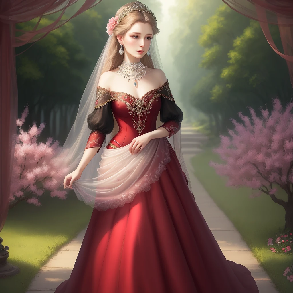 ultra-realistic painting, masterful level, better quality, better HD, finer details), an extremely delicate and beautiful woman, ethereal and poetic, elegant posture, luxurious clothes, (red dress/2.4) | (black outfit), [(blue:1.3)|(pink) long, graceful, flowing hair, delicate and intricate hair accessories, bright and seductive eyes, (small nose) and cherry lips, pearl earrings),] [sky misty, ever-changing colors, indistinct and hazy, blurry and intriguing, flowers blooming, green leaves rustling, soft focus, romantic atmosphere], (path to dreamland