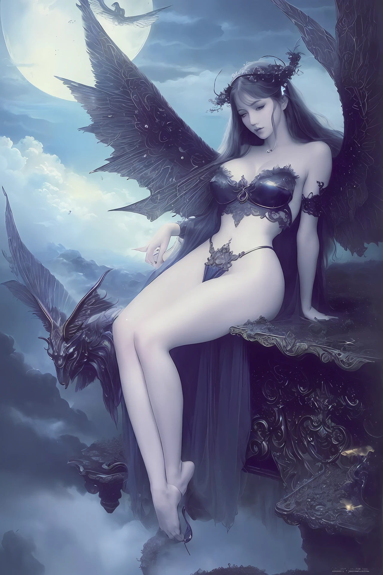 ((best quality)), ((masterpiece)), (detailed), alluring succubus, ethereal beauty, perched on a cloud, (fantasy illustration:1.3), enchanting gaze, captivating pose, delicate wings, otherworldly charm, mystical sky, (Luis Royo:1.2), (Yoshitaka Amano:1.1), moonlit night, soft colors, (detailed cloudscape:1.3), (high-resolution:1.2)--style ReV Animated