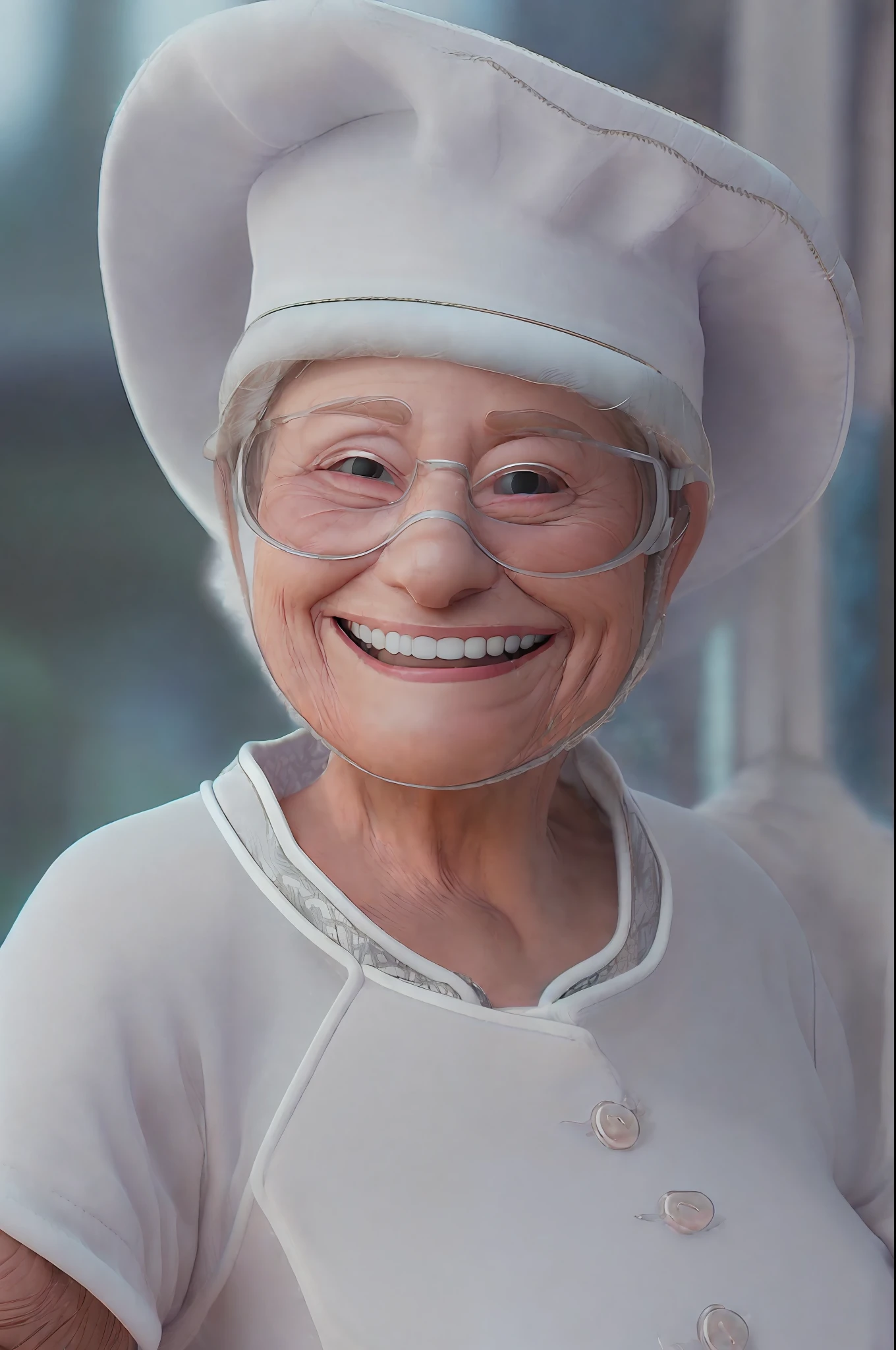 ((best quality)), (detailed), (high resolution and sharpness:1.4), (cute grandma smiling in white cook outfit and hat:1.8), (latin woman face:1.5), , (close-up: 1.4), (centered:1.5), (against dark background:1.3), (looking into camera lens:1.4), (bright eyes:1.3), (window lighting:1.4), (perfect studio lighting:1 ,3), (sharp focus:1.4), (high resolution photography:1.2), ultra detailed, highly detailed, (high definition:1.2), (perfect composition:1.2), intricate, (cute and beautiful:1.3), award-winning photography, professional color grading, octane, unrealistic, vibrant colors, (in pixar style:1.5)