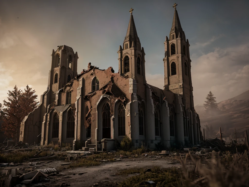 3d render of exterior church, abandoned, dramatic color grade, moss, abandoned, broken, old, accurate color grading, rvb, Sony A7 III, Sigma Art 85 mm f/1,4 DG HSM, perfect, subsurface scattering, unreal engine, dusty sun light, dystopian world