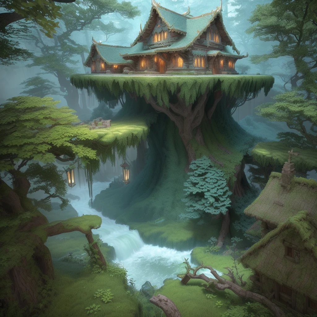 masterpiece, best quality, (extremely detailed CG unit 8k wallpaper), (best quality), (best illustration), (best shadow), a silent (elf house) in the deep forest, with a predominantly ( cool color tone), 3D isometric, octane rendering, ray tracing, ultra detailed, volumetric light, art station trending