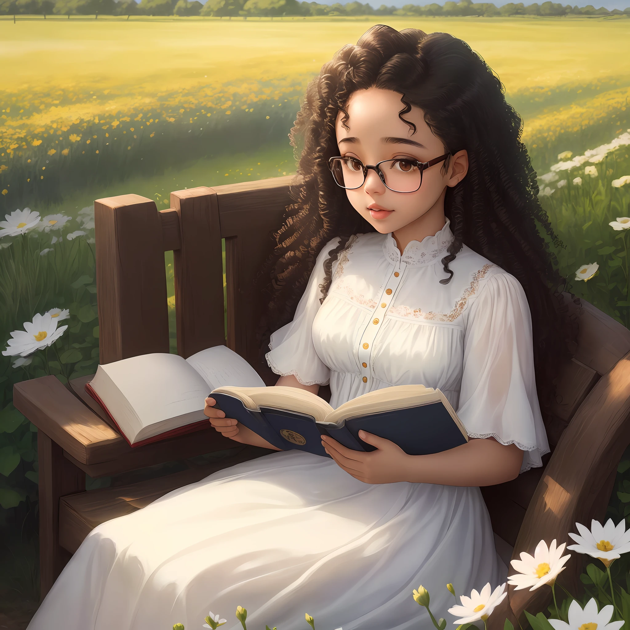 A light-skinned girl with 4B curly black hair, brown eyes, wears glasses, white dress, sitting and reading a book, a place that has a field full of flowers, blue sky, ultrarealistic, 8k,realistic