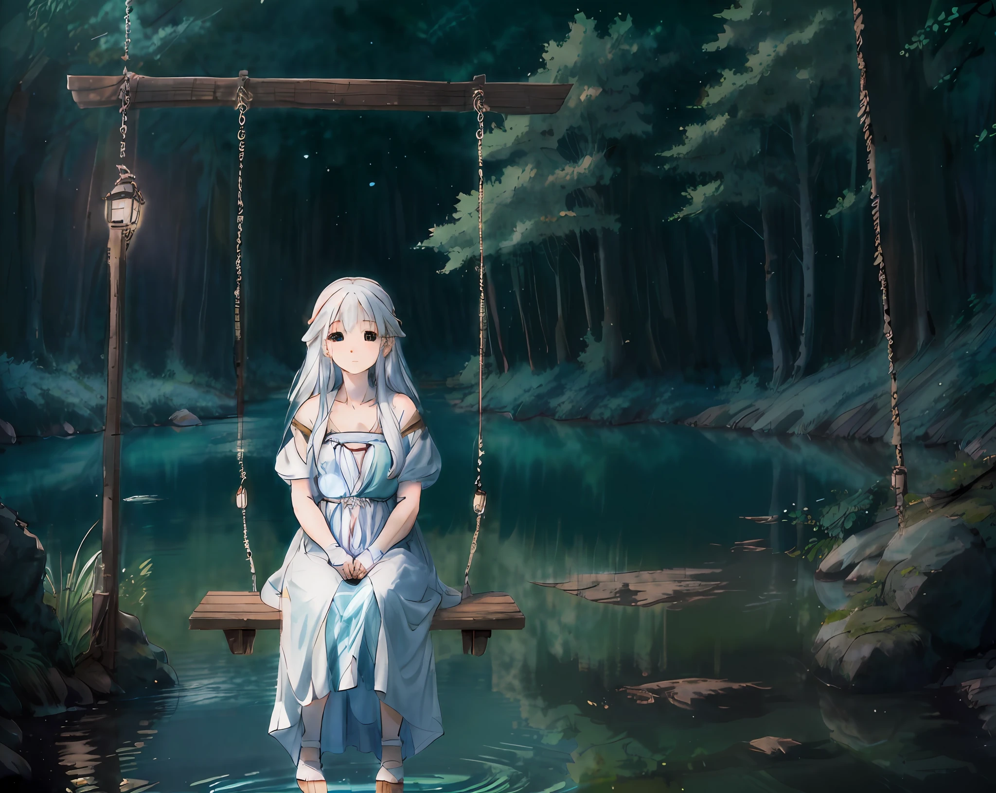 a female character sitting on a swing sits on a tree in a forest at night in front of it there is a lake whose water shines blue character has long white hair with a white dress has a bridge leading to the girl