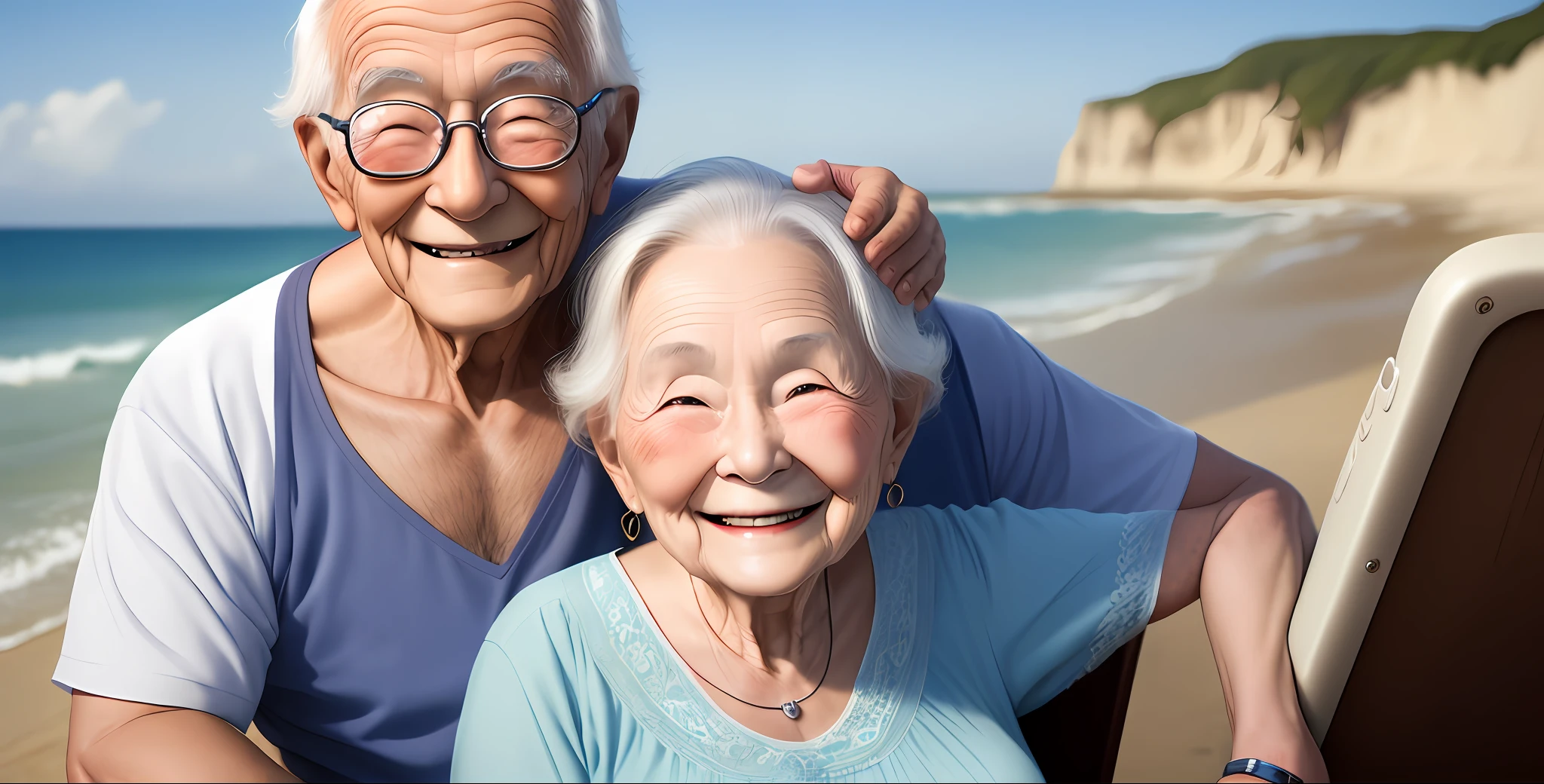 Elderly couple smiling, beautiful, smooth skin, glowing skin, perfect face, beautiful smile, just head and torso, no distortions, perfect proportion, embracing looking at the horizon