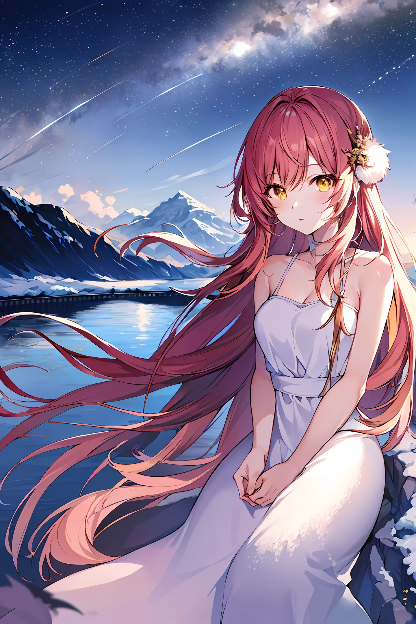((anime style)), (manga), (Oh! Great), (Wlop), (best quality), (masterpiece), (best artist), (best landscape), (best performance), (best lighting ), (best drawing), (1girl) with long pink hair, wearing white fluffy dress, yellow eyes, landscape of snowy mountains, dark lighting, dim--style counterfeitv2-5