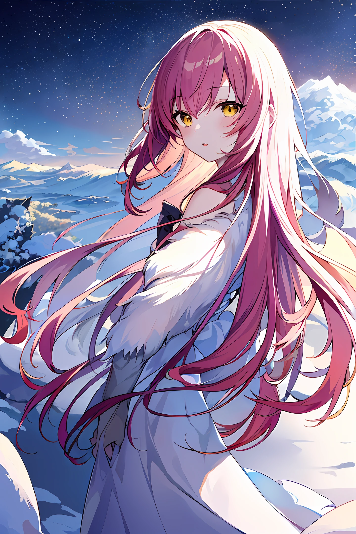 ((anime style)), (manga), (Oh! Great), (Wlop), (best quality), (masterpiece), (best artist), (best landscape), (best performance), (best lighting ), (best drawing), (1girl) with long pink hair, wearing white fluffy dress, yellow eyes, landscape of snowy mountains, dark lighting, dim--style counterfeitv2-5