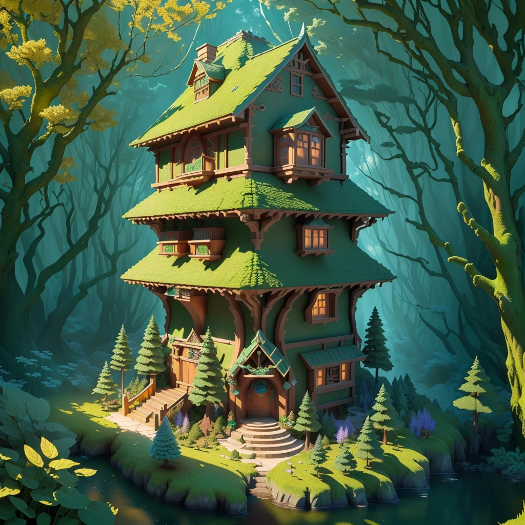 masterpiece, best quality, (extremely detailed CG unit 8k wallpaper), (best quality), (best illustration), (best shadow), a silent (elf house) in the deep forest, with a predominantly ( cool color tone), 3D isometric, octane rendering, ray tracing, ultra detailed, volumetric light, art station trending