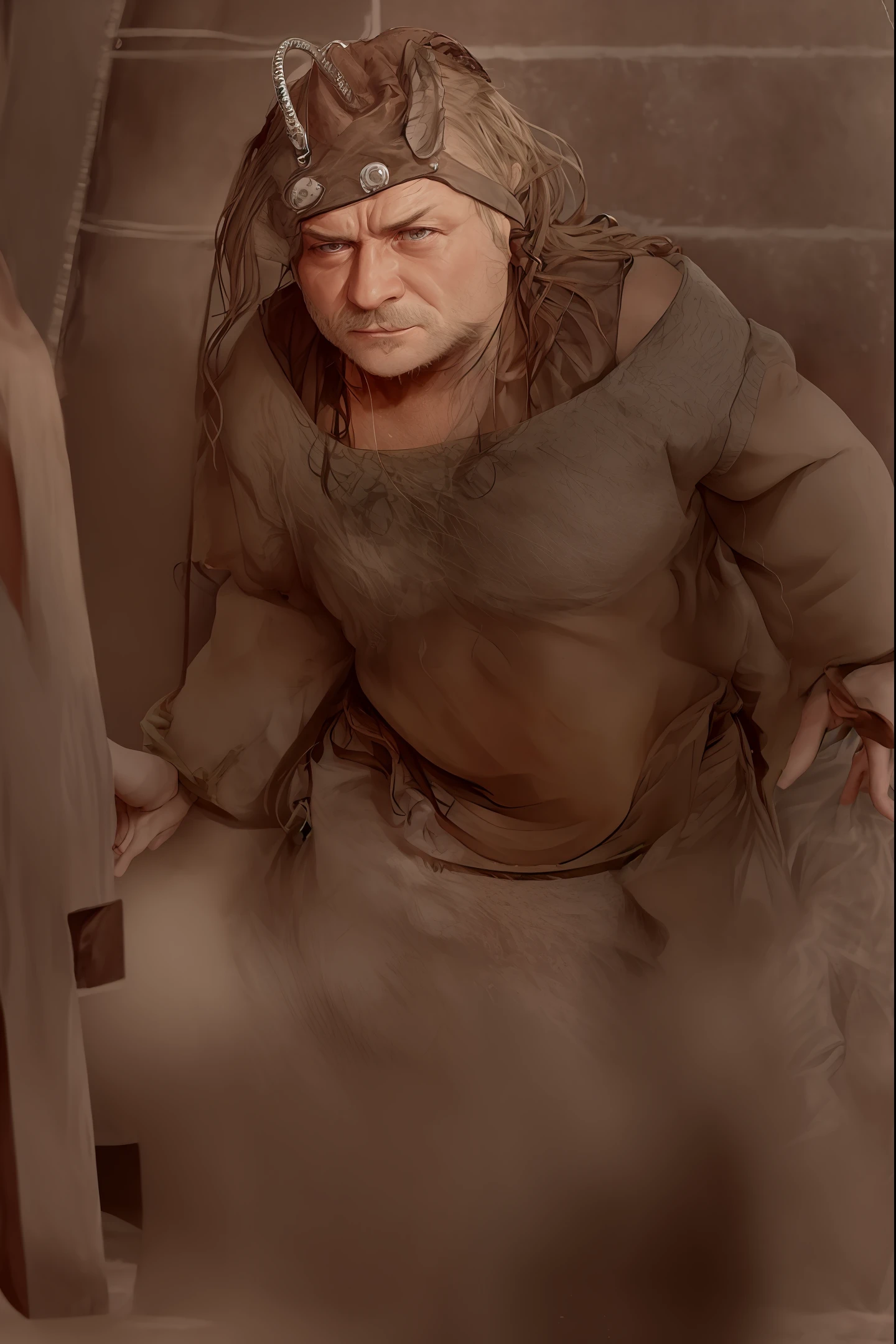 Inside a dark, claustrophobic room, with damp stone walls and a single flickering candle in the center, lie a man and a woman. The air is heavy and charged with palpable tension. The man, dressed in a faded shirt and torn pants, is huddled in a corner, breaking out in a cold sweat as he tries to contain the fear in his eyes. The woman, wearing a white dress that looks almost ethereal against the somber surroundings, is standing opposite him, an expression of determination on her pale face. Suddenly, the atmosphere changes. A black mist begins to seep into the room, curling around the antique furniture and spreading across the worn wooden floor. From the middle of the mist emerges a terrible being: an immense demon, more than two meters tall. He has dark, scaly skin, stained red as if covered in dried blood. Its hands end in sharp claws and its mouth, grotesquely open, resembles that of a camel. The demon has ten pointed horns that sprout from its head in an ominous row. As the demon advances towards the couple, its webbed wings spread out, filling the room with an eerie sound of webs stretching. His eyes glow with a malicious, hellish light. Both the woman and the man feel a wave of sheer terror sweep through their bodies, yet they remain steadfast. The woman lifts a crucifix in a trembling hand and begins to recite an ancient exorcism prayer, while the man whispers words of courage to himself. The demon, enraged by the resistance, emits a guttural howl and lunges at the couple, its claws and horns ready to tear its prey apart. At the last moment, the woman manages to touch the demon with the crucifix, causing him to recoil in agony. He howls in pain, his features distorted in a mixture of fury and helplessness. The woman continues her prayer, each word reinforcing the divine light emanating from the sacred object. Man, gathering all his
