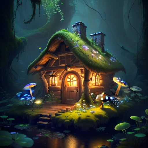 masterpiece, best quality, (extremely detailed CG unity 8k wallpaper), (best quality), (best illustration), (best shadow),( A mushroom house covered with moss),(((dew))),(timbo),(creek),firefly,clover,wtarlight surrounds the room,petal, isometric 3D, octane render,ray tracing,ultra detailed,