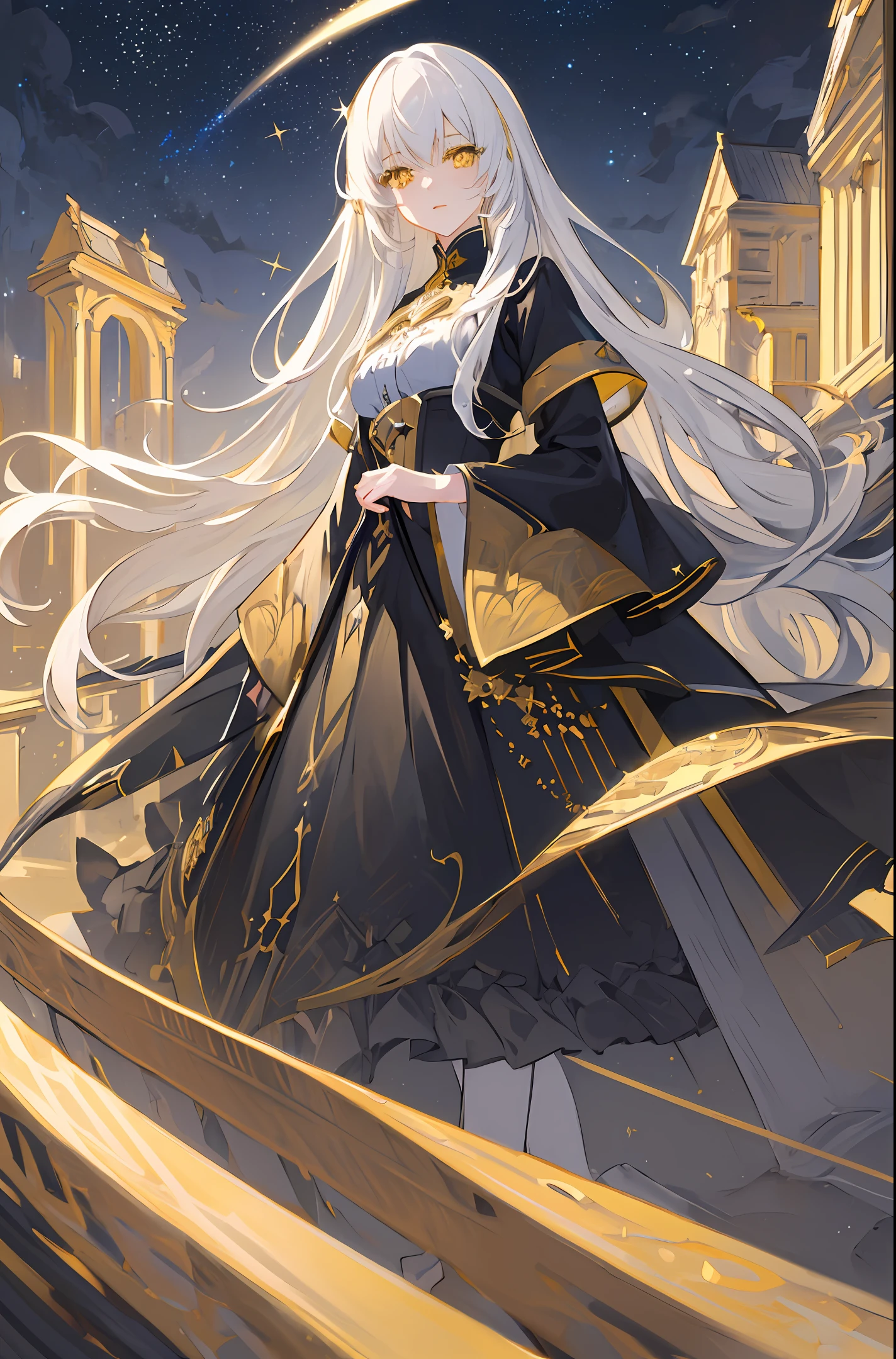 ((masterpiece)), ((best quality)), (amazing desinger), (best artist), (best illustrated landscape), (best performance), (4k Full HD), (HDR+), (1girl) with (long) white hair, (sparkling yellow eyes), in a landscape on the side with (amazing) starry sky drawn in artistic and cinematic tones-- MeinaPastel style--v5 (anime illustration)