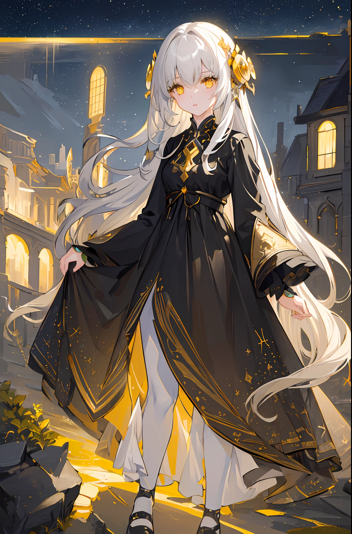 ((masterpiece)), ((best quality)), (amazing desinger), (best artist), (best illustrated landscape), (best performance), (4k Full HD), (HDR+), (1girl) with (long) white hair, (sparkling yellow eyes), in a landscape on the side with (amazing) starry sky drawn in artistic and cinematic tones-- MeinaPastel style--v5 (anime illustration)