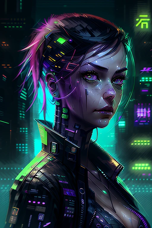 a detailed portrait of a  cyberpunk girl with green eyes, dark city background digital art, realistic painting, trending on artstation detailed,ultra high definition, 8k
