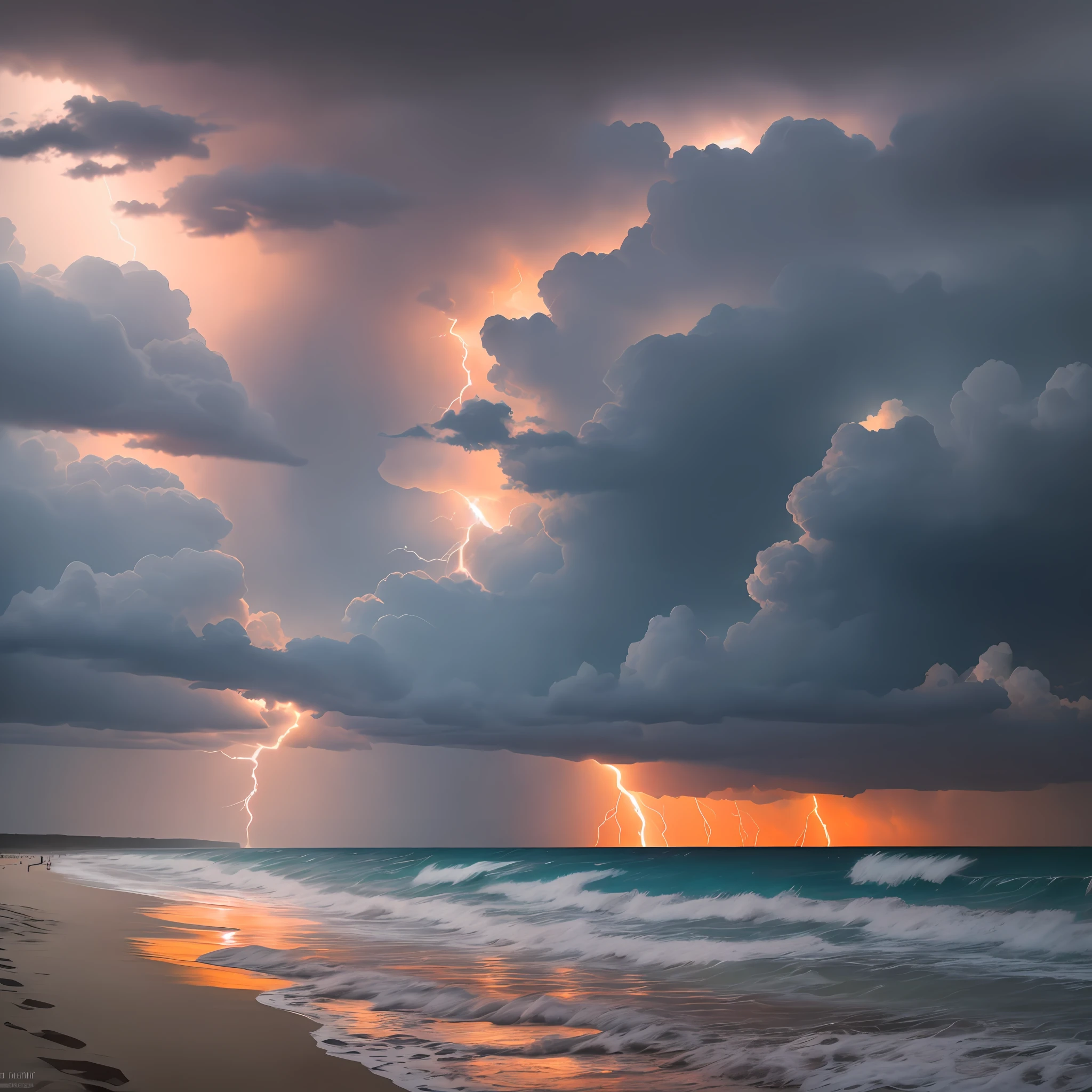 storm brewing on a deserted beach, with thick black clouds and orange lightning among them.