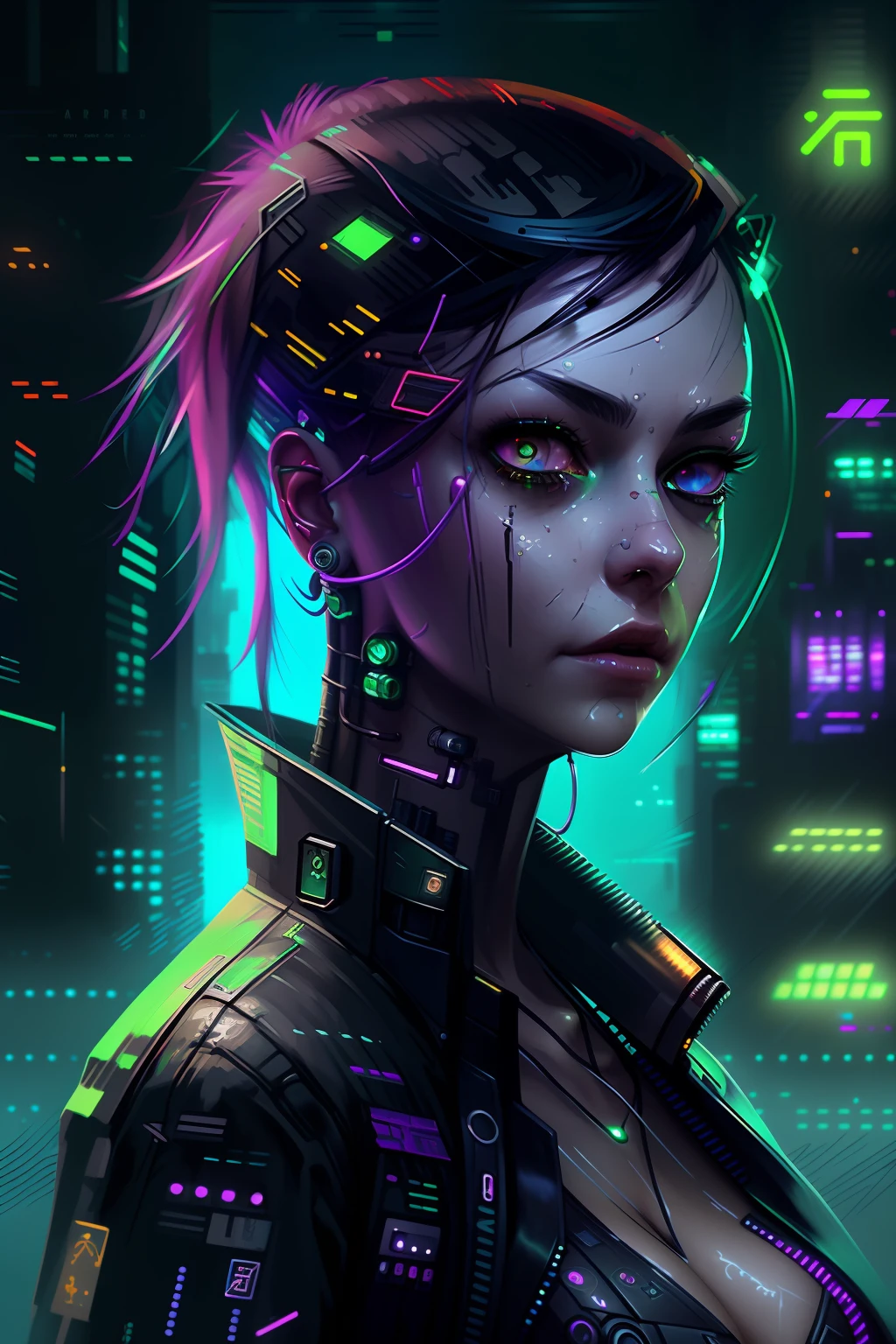 a detailed portrait of a  cyberpunk girl with green eyes, dark city background digital art, realistic painting, trending on artstation detailed,ultra high definition, 8k