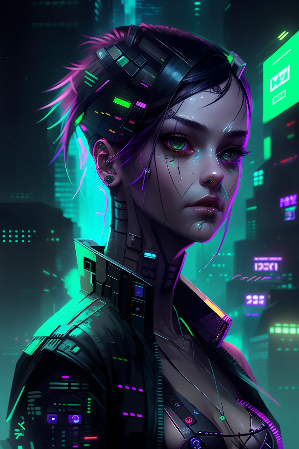 a detailed portrait of a  cyberpunk girl with green eyes, dark city background digital art, realistic painting, trending on artstation detailed,ultra high definition, 8k