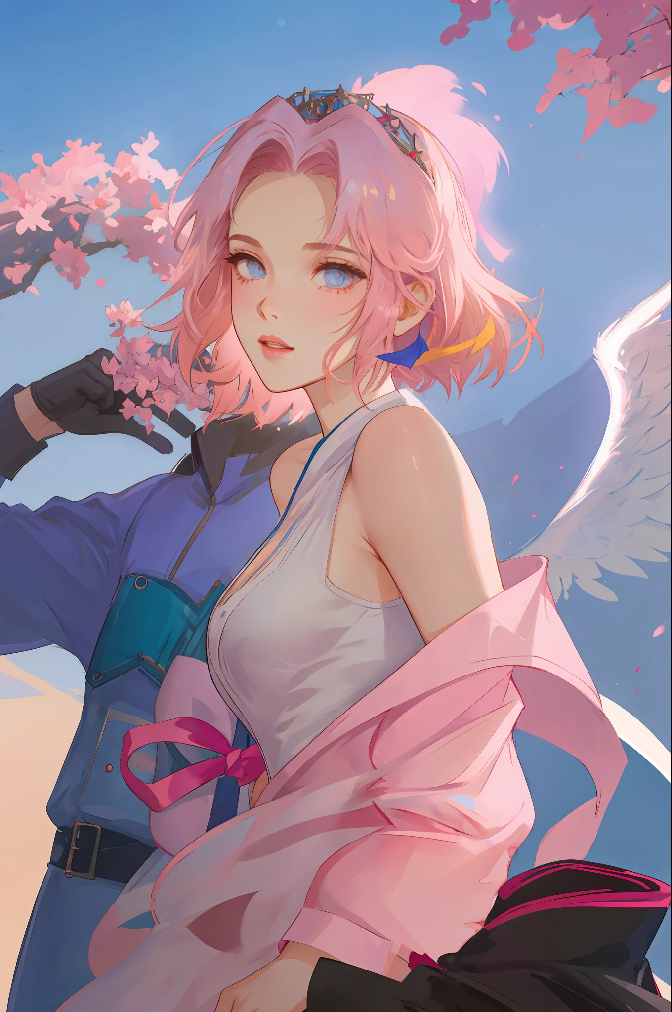 Queen of angels, beautiful woman, seductive, dark, standing, with wings coming out of her back, sensual eyes, lilac dress, forehead showing, queen, pink hair, delicate, young, short hair, full body, by League of Legends , trending on artstation, by rhads, andreas Rocha, rossdraws, makoto shinkai, laurie greasley, lois van baarle, ilya kuvshinov and greg rutkowski