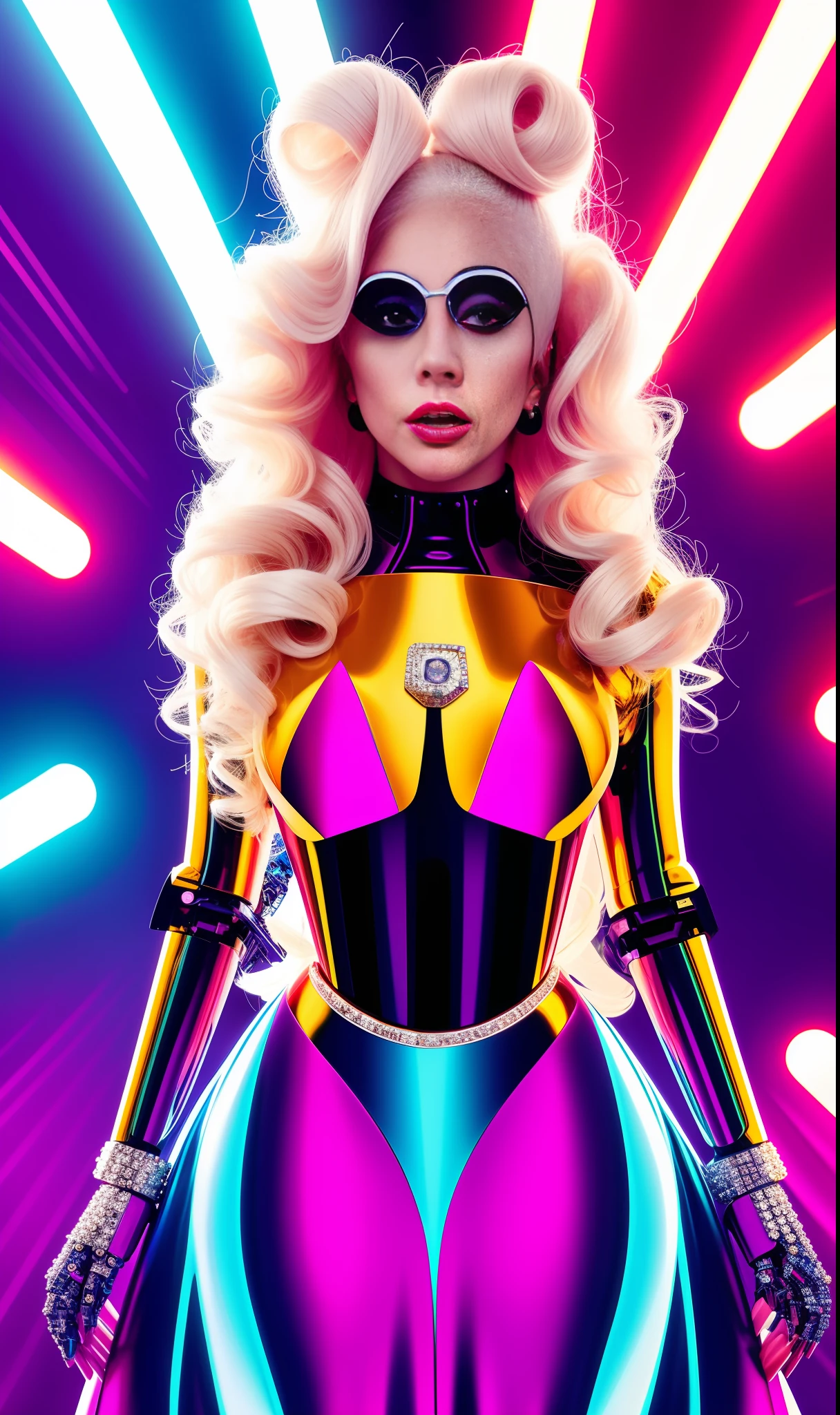 Lady gaga robot photo, 4K texture, long hair, high quality, extravagant hairstyle, original album cover, colorful dress with diamonds, 8k image, futuristic, high image quality, at night, hair accessories, very face realistic and defined