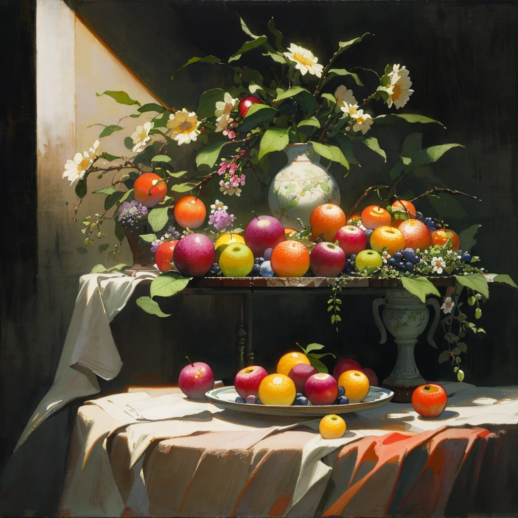 there is a plate of fruit and flowers on a table, fruit and flowers, still life painting, masterpiece work of art, oil digital painting, inspired by Henri Fantin-Latour, made of flowers and fruit, digital oil painting, photorealistic oil on canvas, in the style of an oil painting, digital oil on canvas, in style of photorealism artist