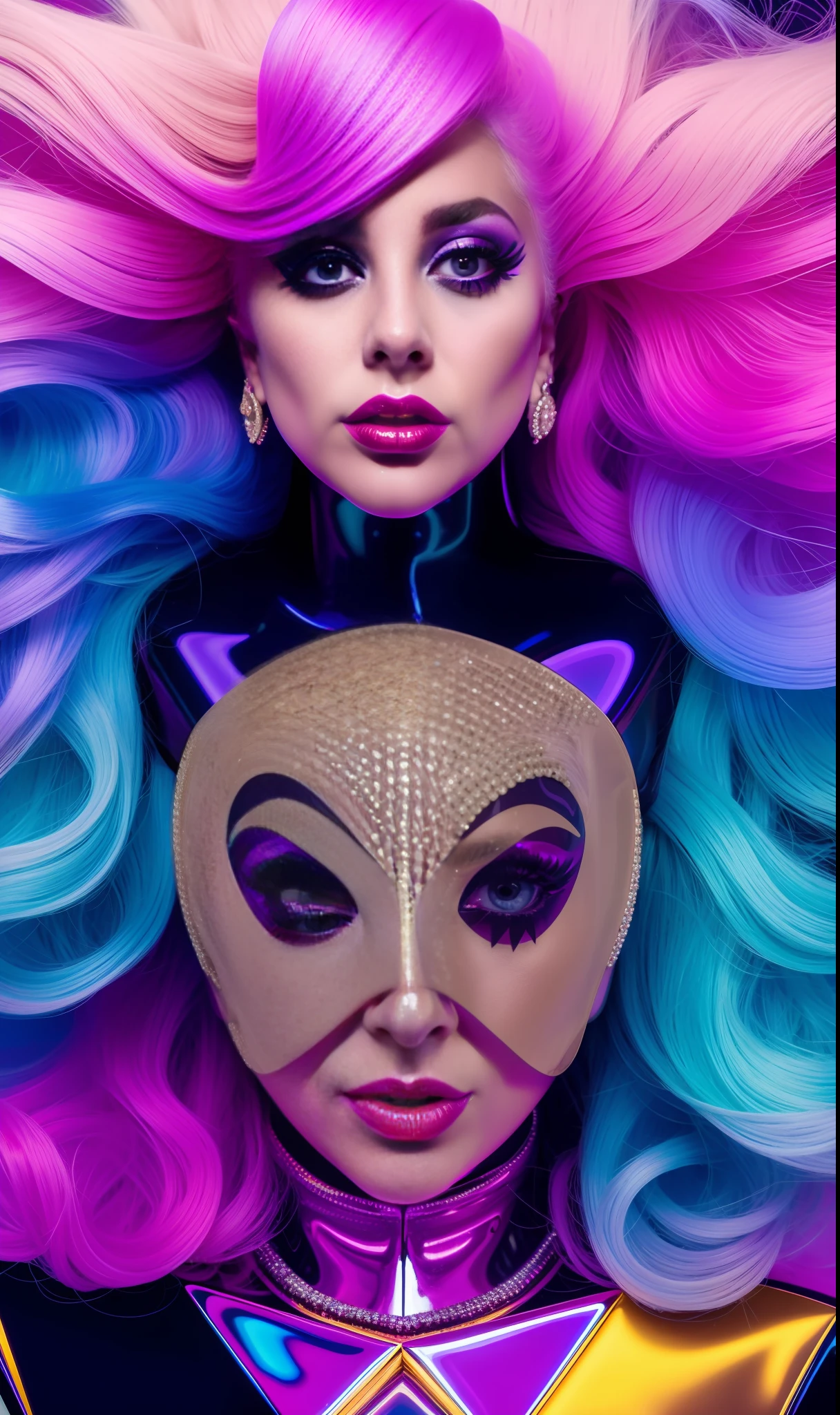 Lady gaga robot photo, 4K texture, long hair, high quality, extravagant hairstyle, original album cover, colorful dress with diamonds, 8k image, futuristic, high image quality, at night, hair accessories, very face realistic and defined