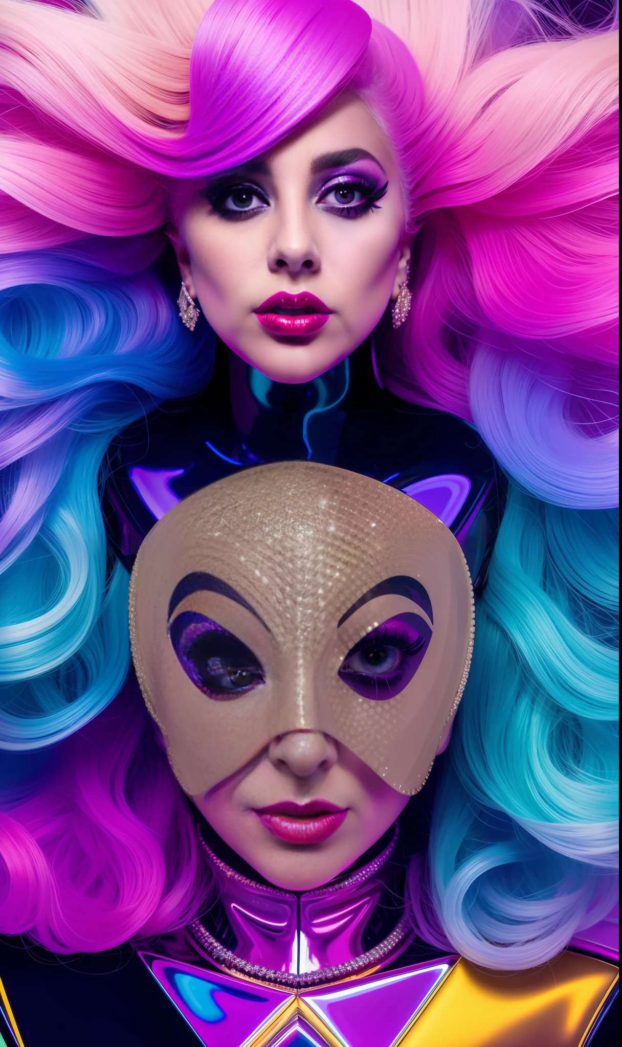 Lady gaga robot photo, 4K texture, long hair, high quality, extravagant hairstyle, original album cover, colorful dress with diamonds, 8k image, futuristic, high image quality, at night, hair accessories, very face realistic and defined
