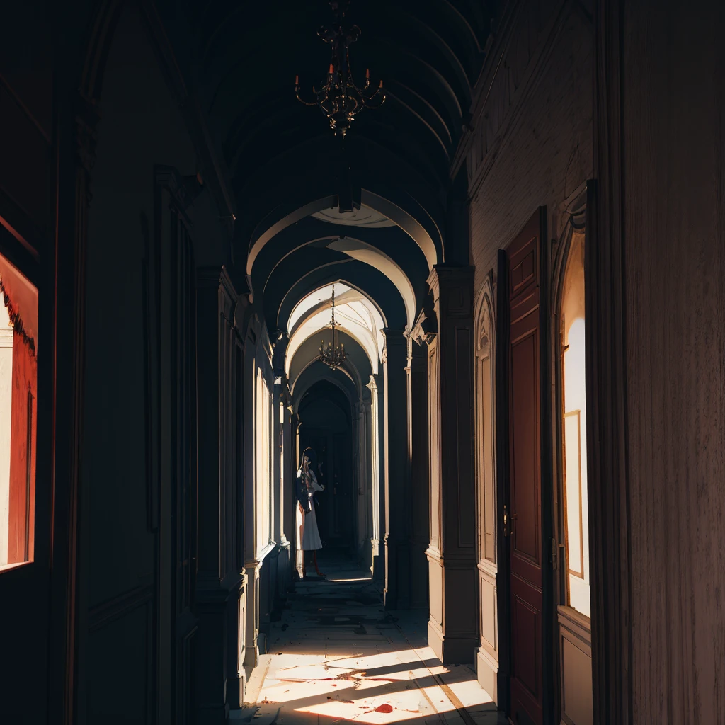 Haunted hallway with bloodstained floor with gray walls with bodies hanging with a person at the end of the hall at night and smoke