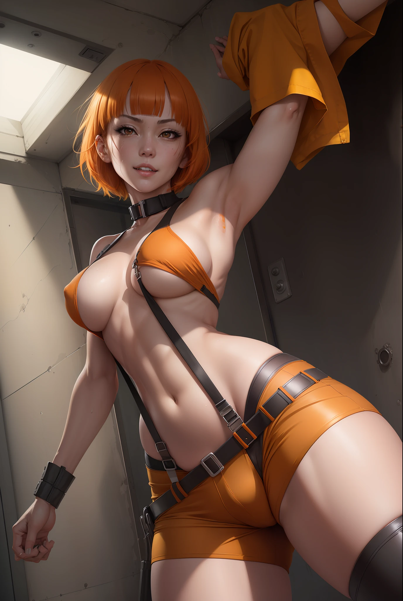 Prison School, Hana Midorikawa realistic version, wearing a provocative outfit, open prison jumpsuit, sweaty punctuated medium breasts, sweaty face, yellow iris eyes, short schoolgirl pants flying, sensuality and elegance, pose for photo, Ecchi anime girl style, super realistic and detailed, prison saddle, short straight orange hair with short straight bangs, kinky smile, kinky look, Full HD, best quality, a masterpiece, professional lighting, realistic style
