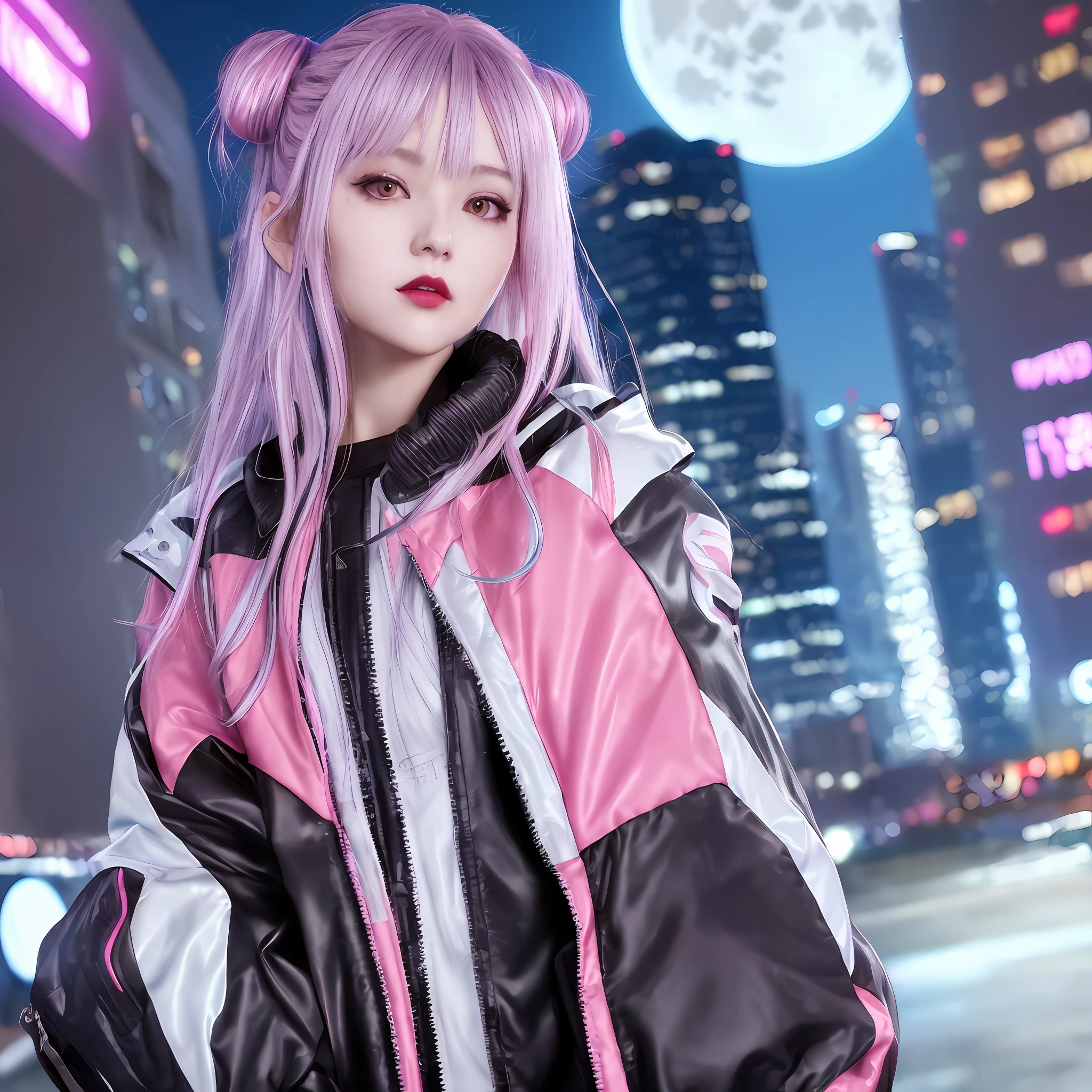 lucy \(cyberpunk\), 1girl, hair scrunchie, silver hair, colored tips, full moon, jacket, long sleeves, looking at viewer, medium hair, multi-colored hair, parted lips, pink hair, portrait, red lips, solo, white jacket,