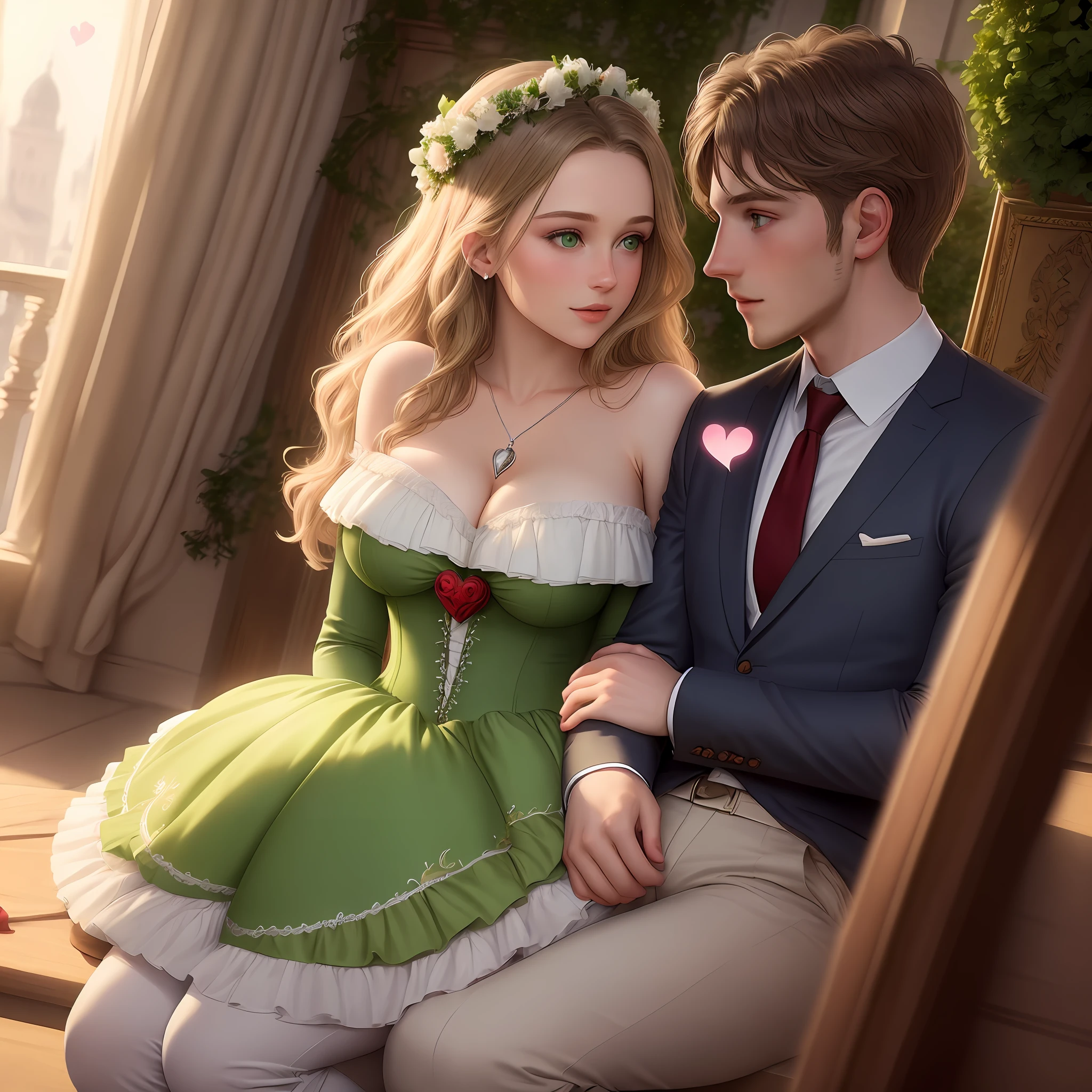 A current European couple, beautiful, green eyes, young, in love, romantic, hyper realistic, hearts scenery, diffused light, many hearts, ((masterpiece)), realism