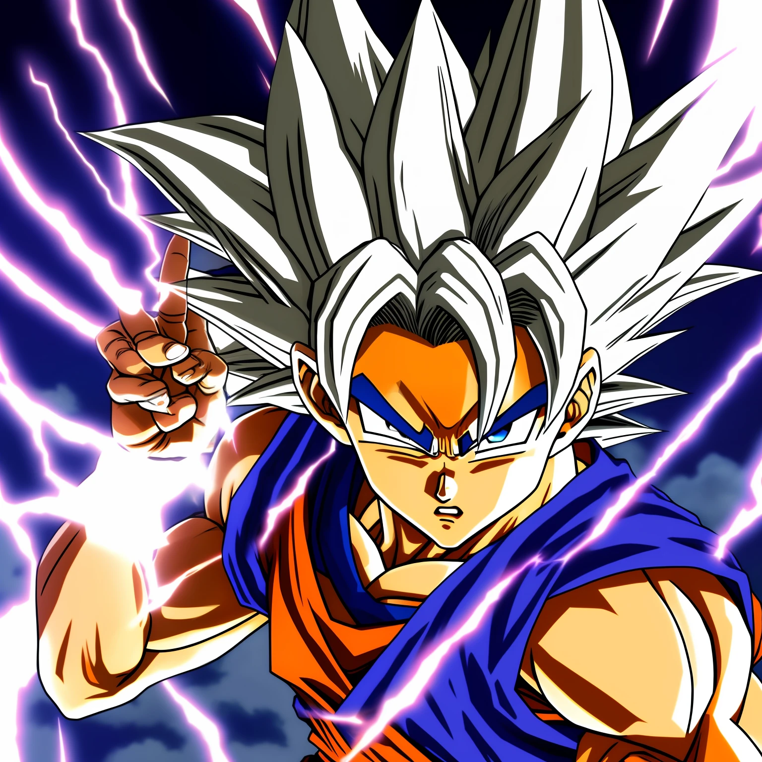 goku using superior style, silver hair, bright silver eyes, body with defined muscles, surrounded by a slight wave of energy, created by akira toriyma, -