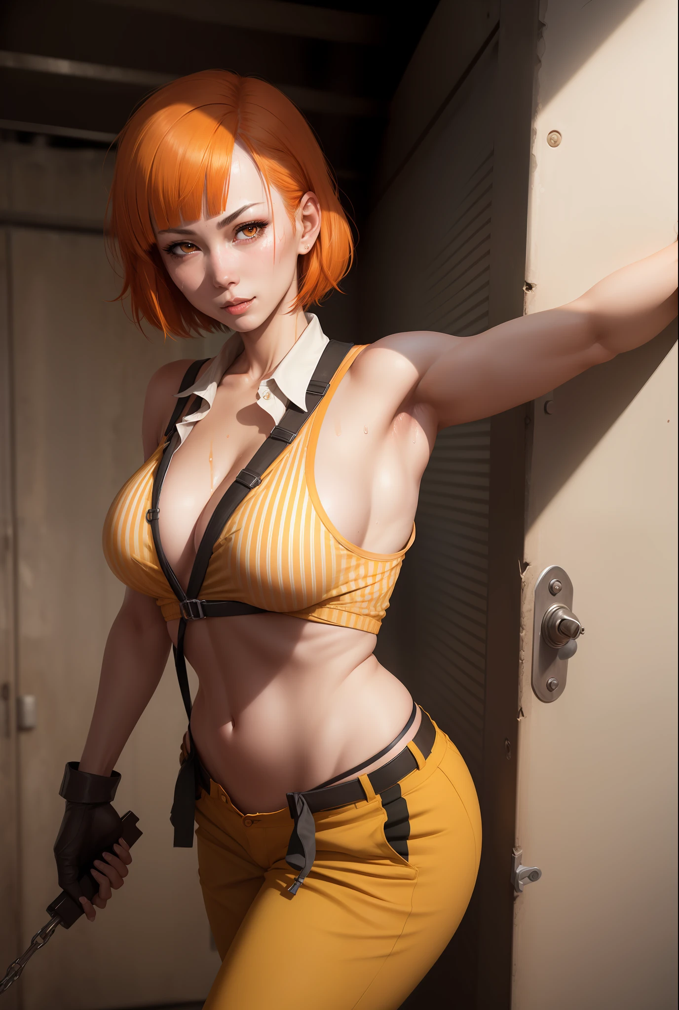 Prison School, Hana Midorikawa realistic version, wearing a provocative outfit, open prison jumpsuit, sweaty punctuated medium breasts, sweaty face, yellow iris eyes, short schoolgirl pants flying, sensuality and elegance, pose for photo, prison outfit, striped blouse in prison, super realistic and detailed, prison saddle, short straight orange hair with short straight bangs, kinky smile, kinky look, Full HD, best quality, a masterpiece, professional lighting, realistic style