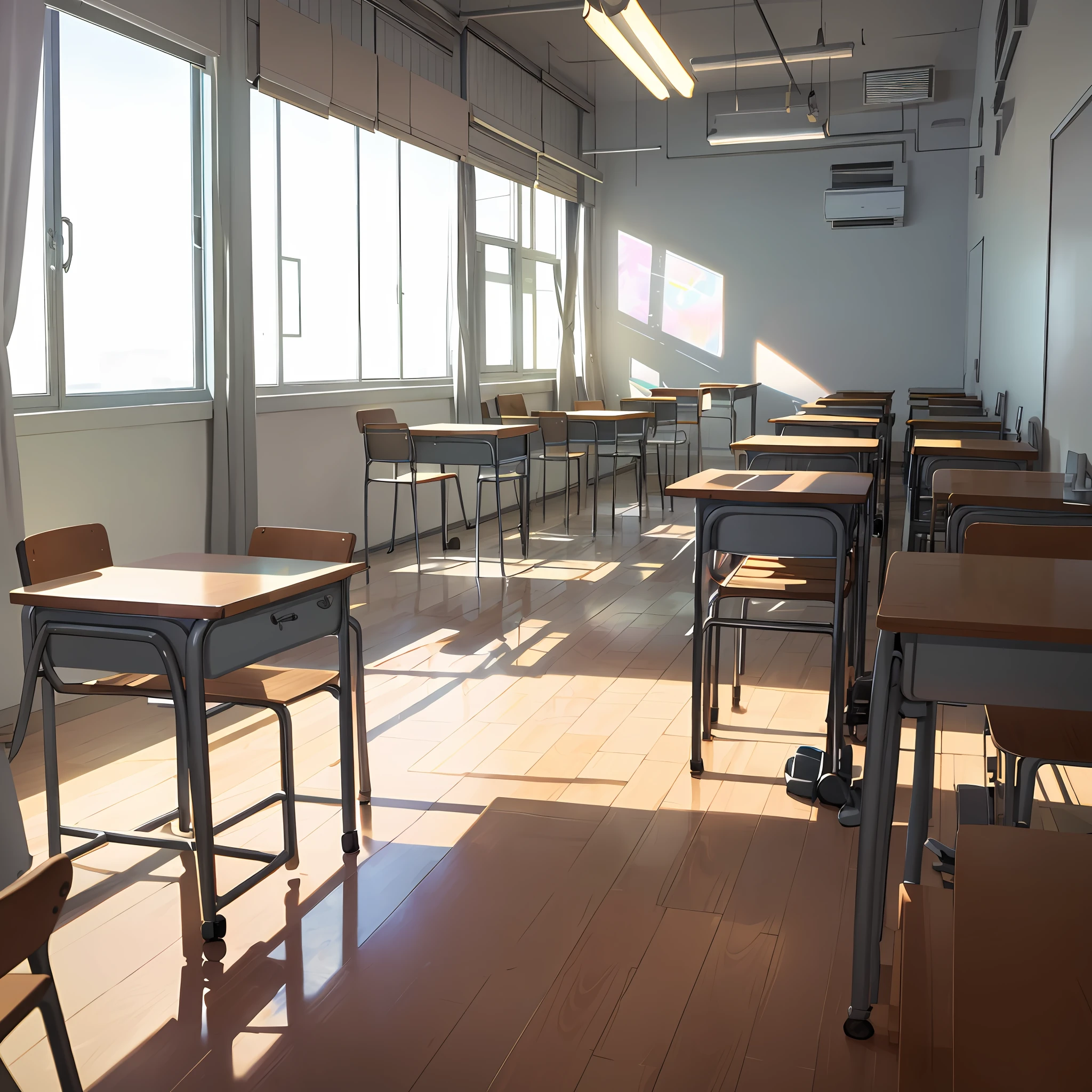 Classroom with chairs teacher&#39;s table glass windows fans and lamp that illuminates the environment the reflection hits the floor the floor is white with black and the doors are wood 2D Auta definition for mobile game