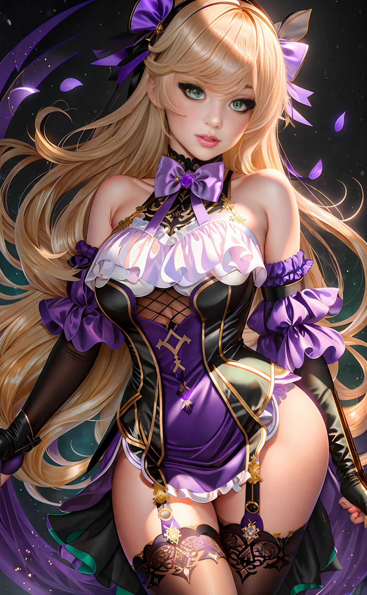 portrait, fischl (dunkelnacht sakrament) (genshin impact), green eyes, (white pupils:1.2), fischl (genshin impact), asymmetrical sleeves, detached collar, detached sleeves, blonde hair, thighhighs, over left eye is a black eyepatch, long hair, two side up, single glove, bow, purple bow, black thighhighs, dress, hair over one eye, single glove, bare shoulders, bodystocking, breasts, bangs, purple bowtie, black gloves, bowtie, single leg pantyhose, hair ribbon, single thighhigh, ribbon, medium breasts, looking at viewer, genshin_impact style