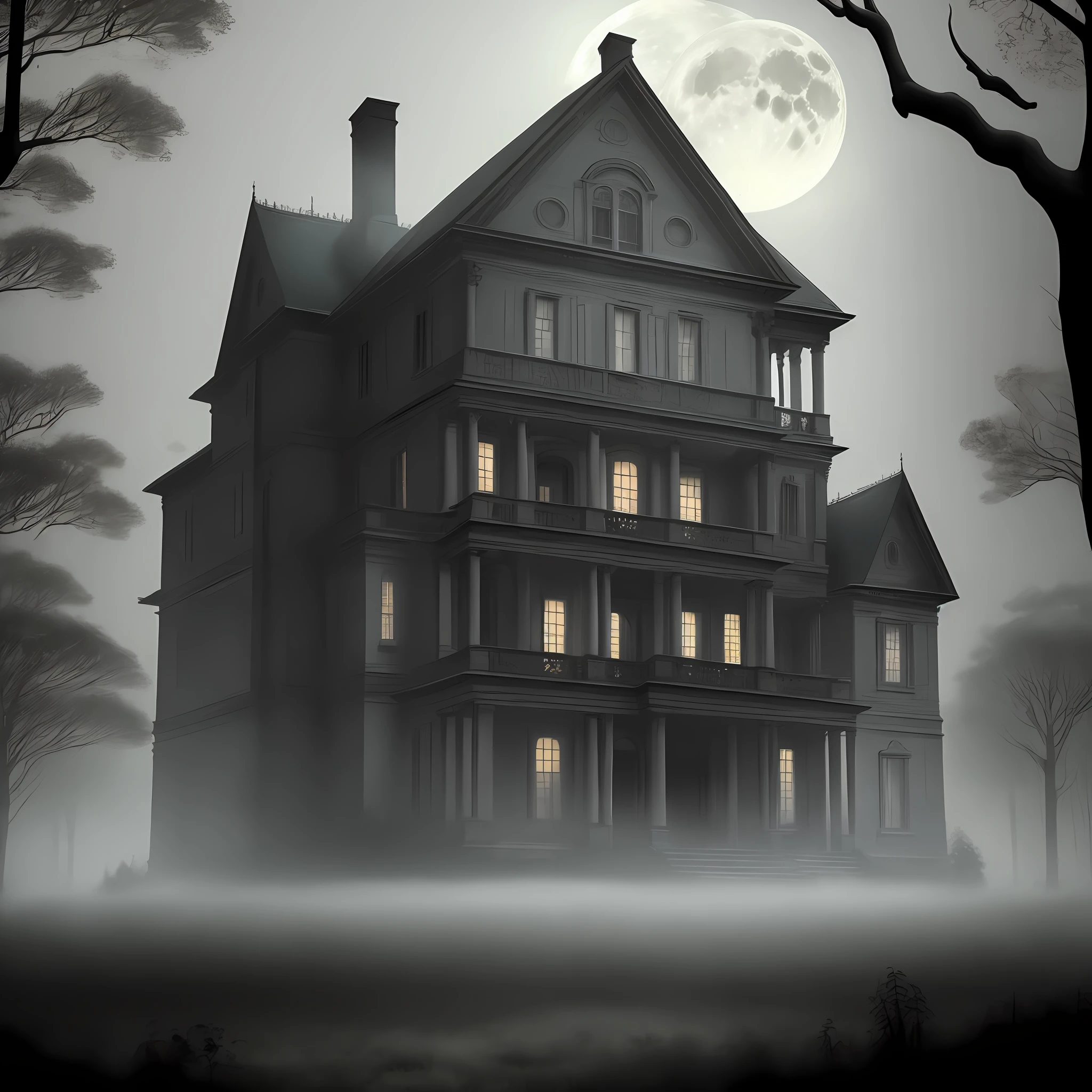 Old mansion, impressive, horror environment, night, fog rising from the ground, ((ultra realistic)), full moon, gloomy trees, impressionism